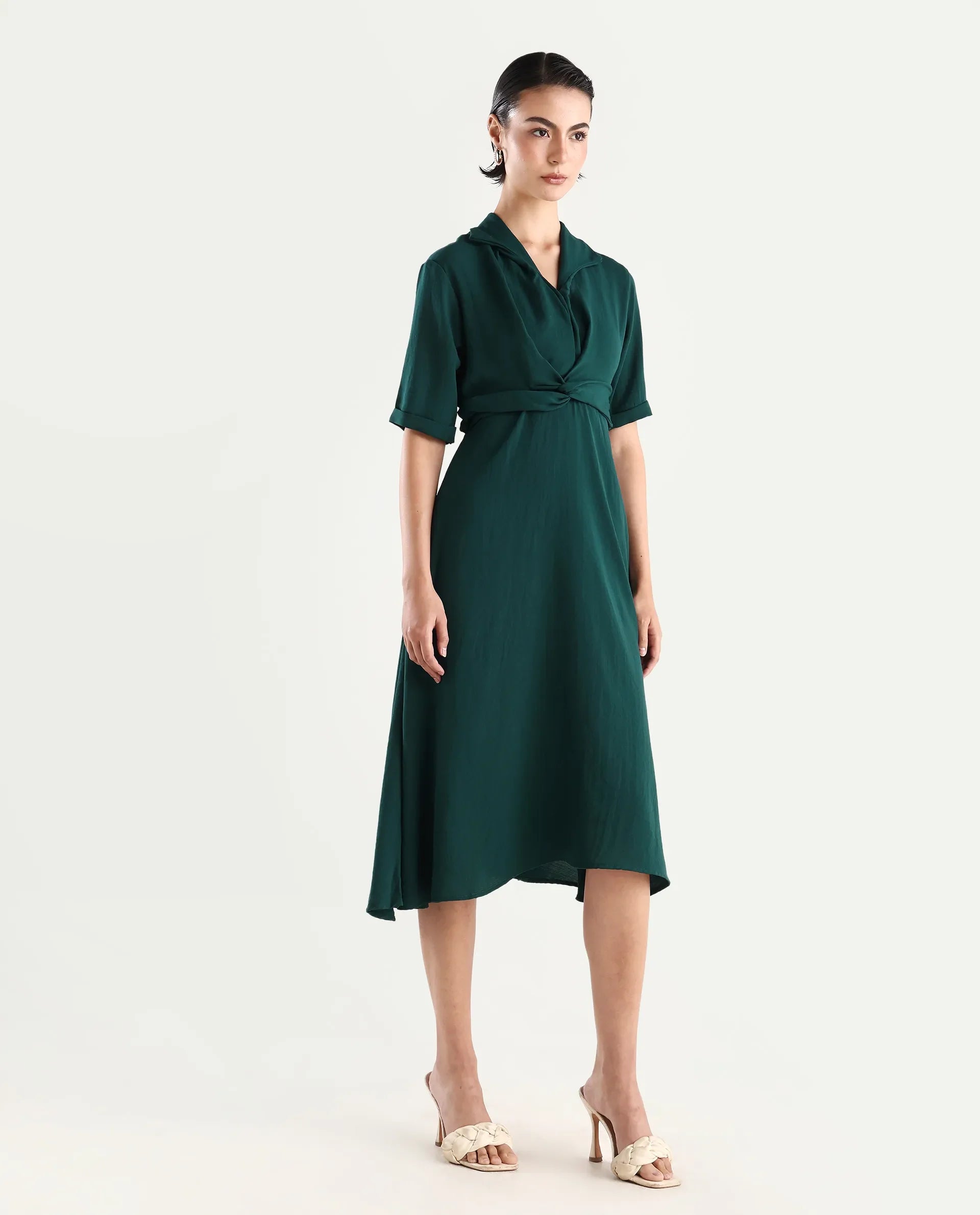 Rareism Women's Fedrez Green Polyester Cowl Neck Plain Bell Sleeve Maxi Flared Dress