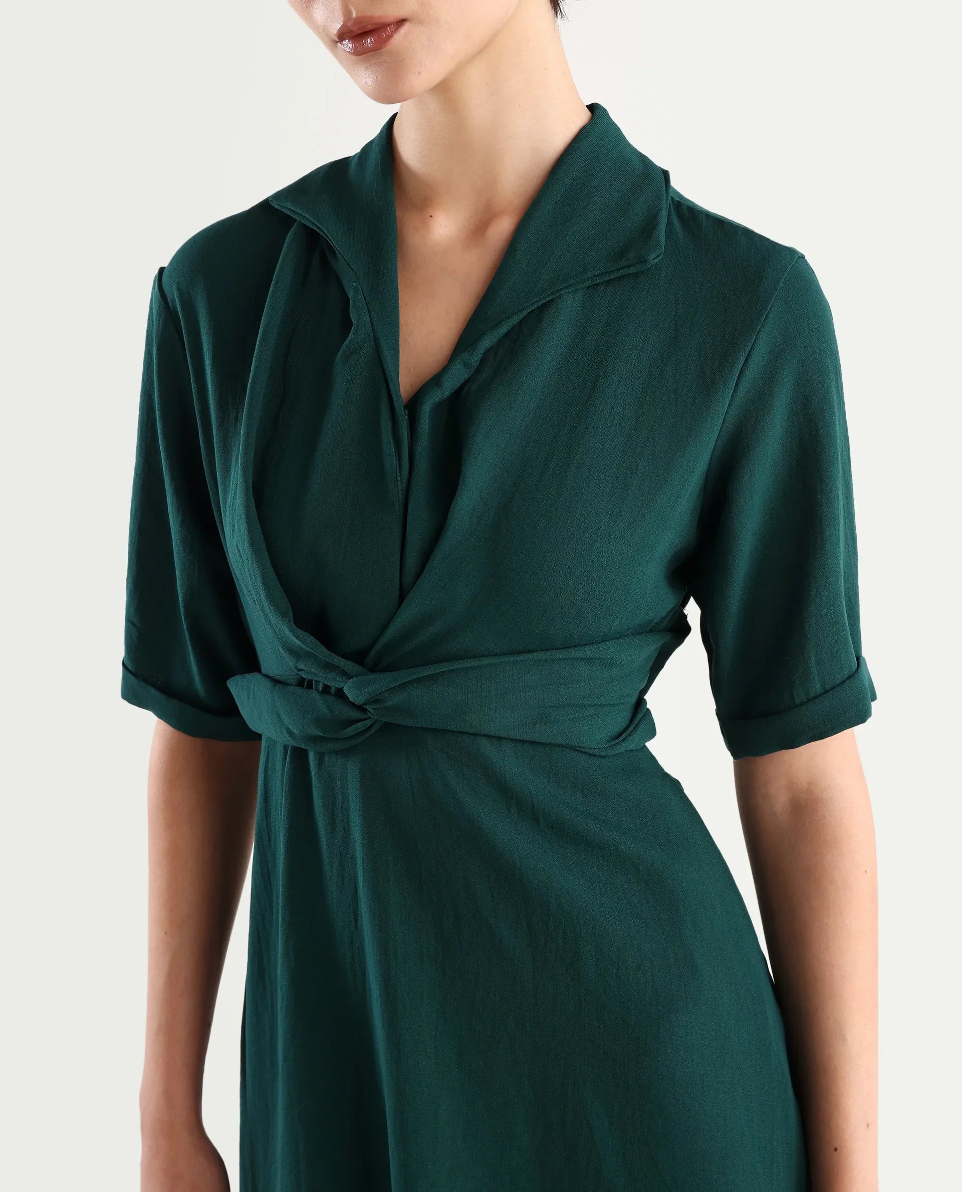 Rareism Women's Fedrez Green Polyester Cowl Neck Plain Bell Sleeve Maxi Flared Dress