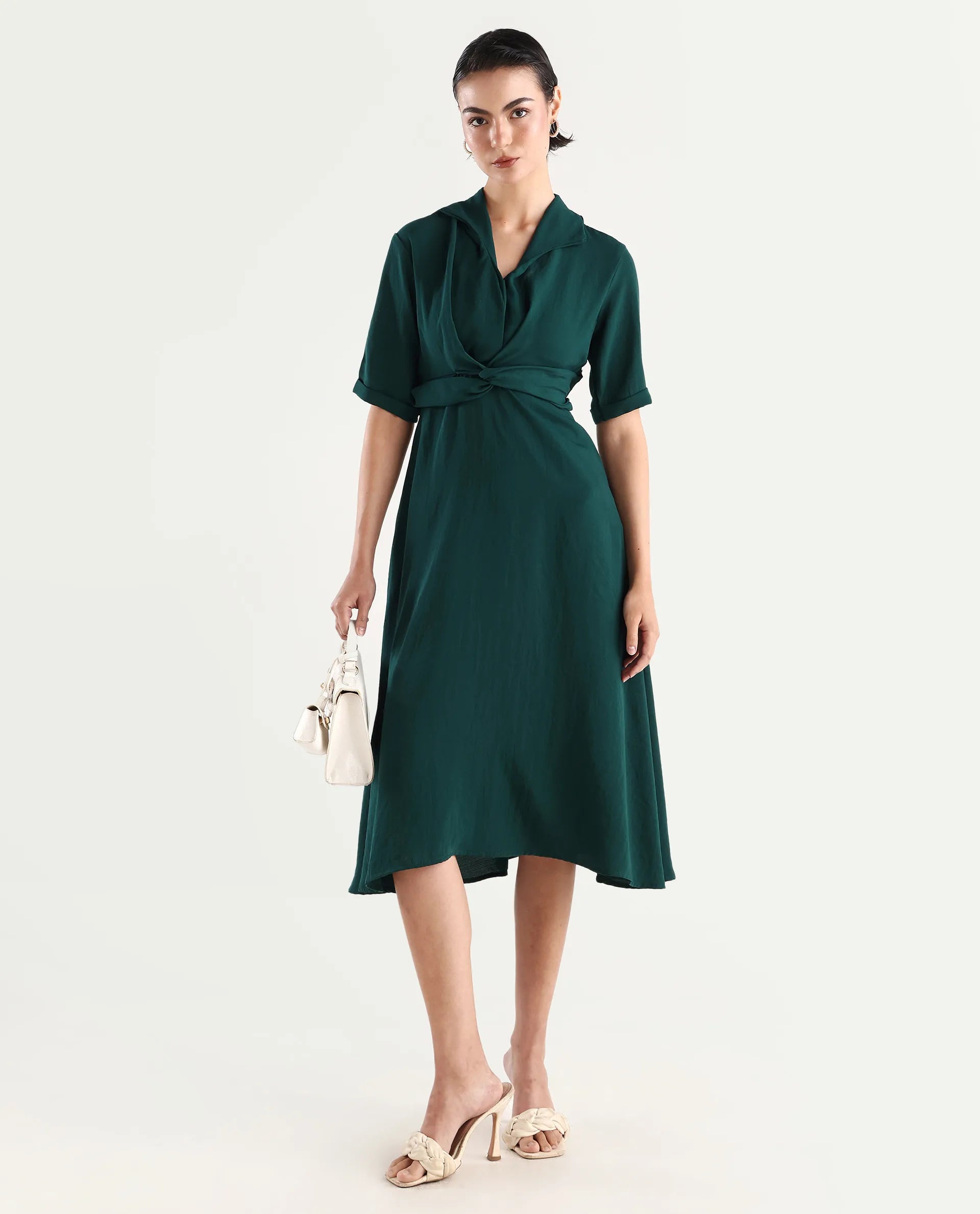 Rareism Women's Fedrez Green Polyester Cowl Neck Plain Bell Sleeve Maxi Flared Dress