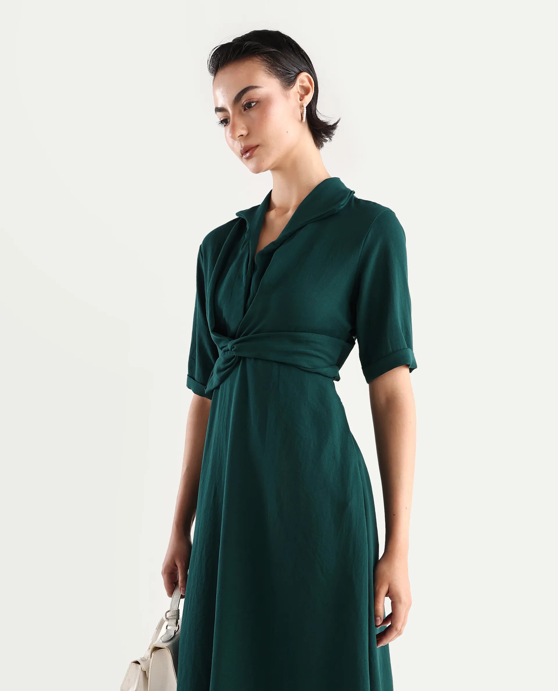 Rareism Women's Fedrez Green Polyester Cowl Neck Plain Bell Sleeve Maxi Flared Dress