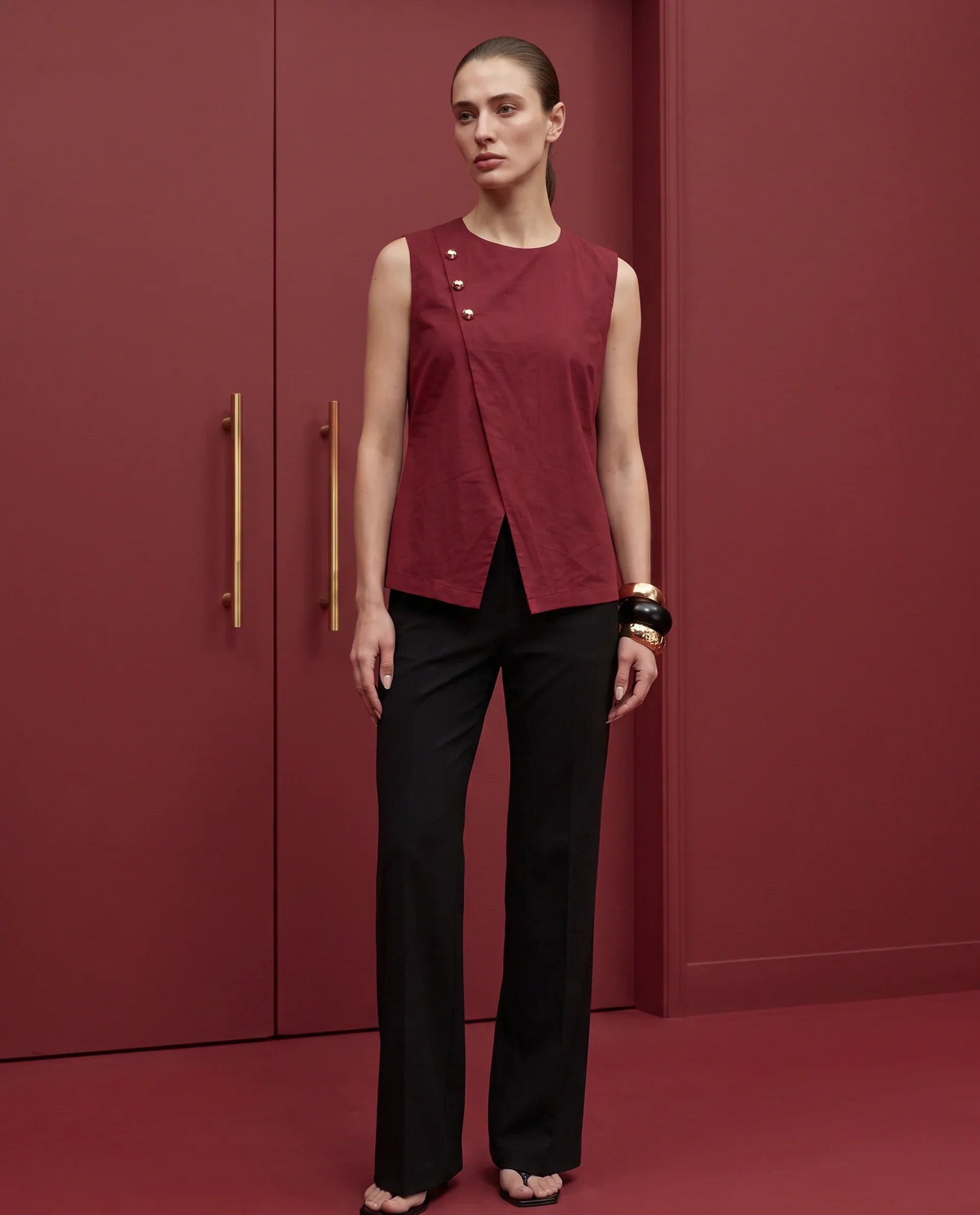 Rareism Women's Fent Dark Red Cotton Button Shift Top