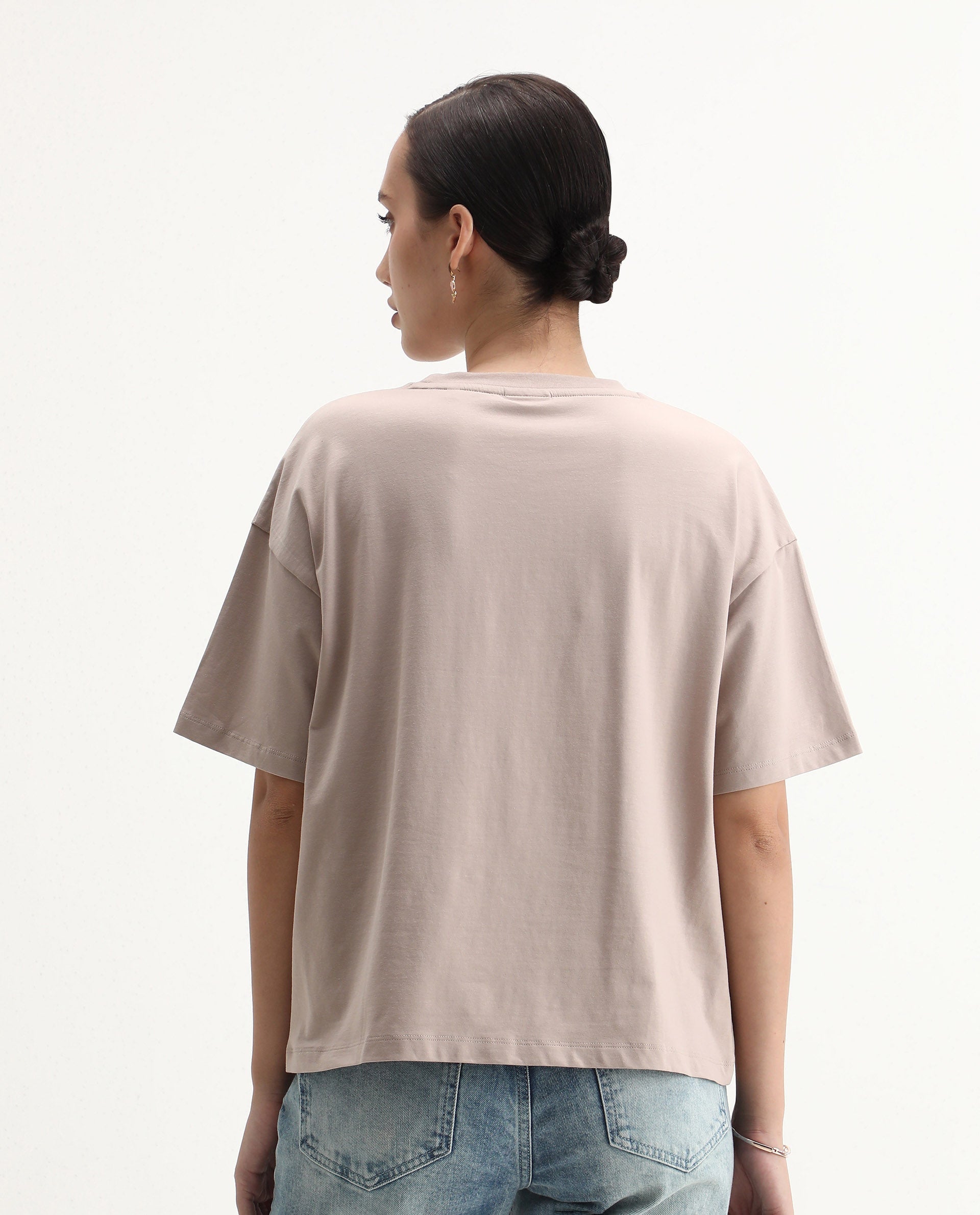 Rareism Women's Fero Beige Cotton Blend Crew Neck Relaxed Fit T-Shirt