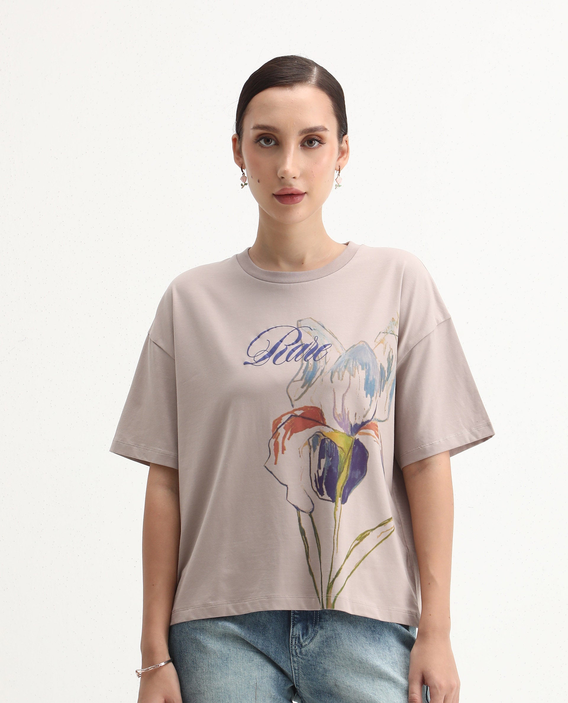 Rareism Women's Fero Beige Cotton Blend Crew Neck Relaxed Fit T-Shirt