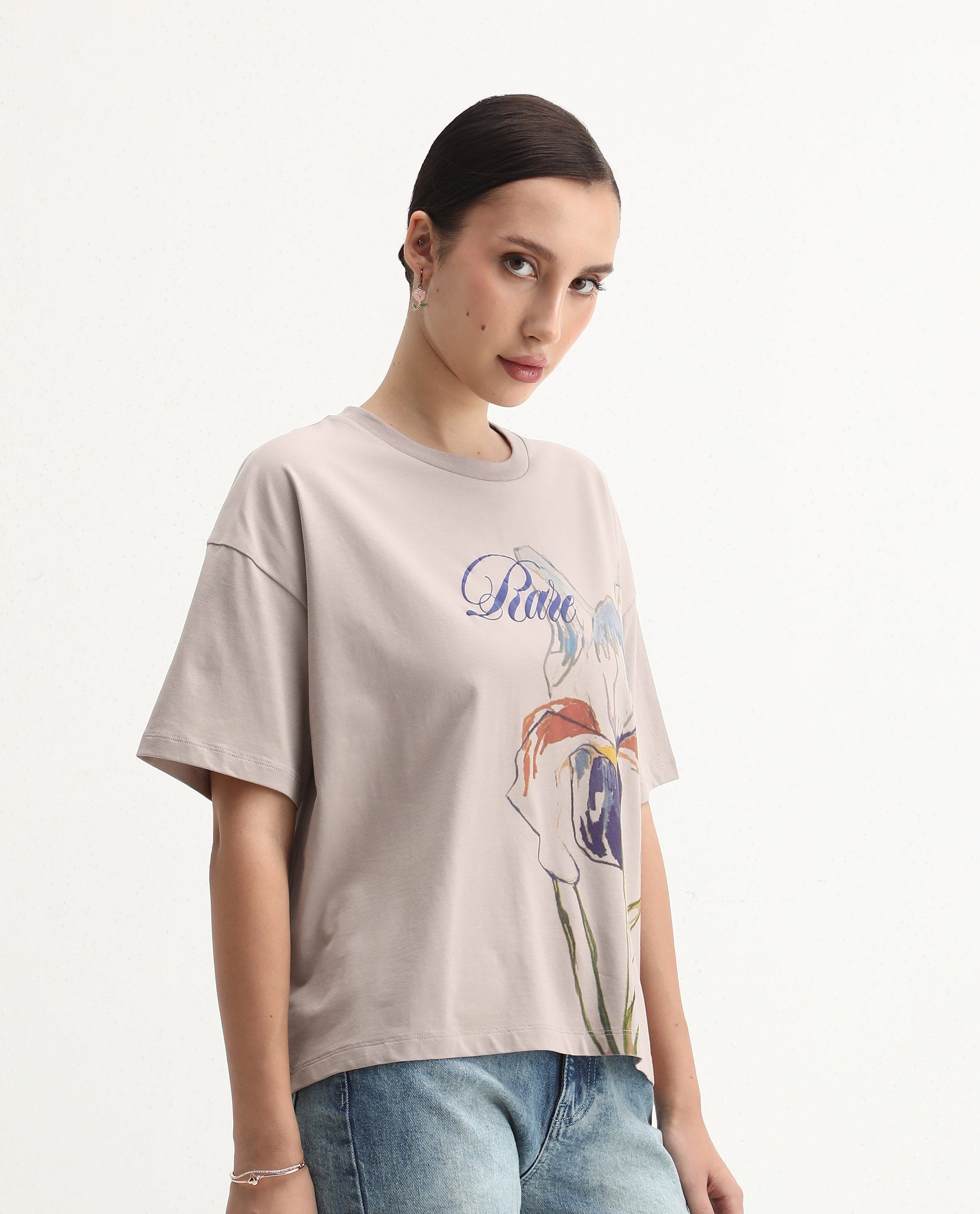 Rareism Women's Fero Beige Cotton Blend Crew Neck Relaxed Fit T-Shirt