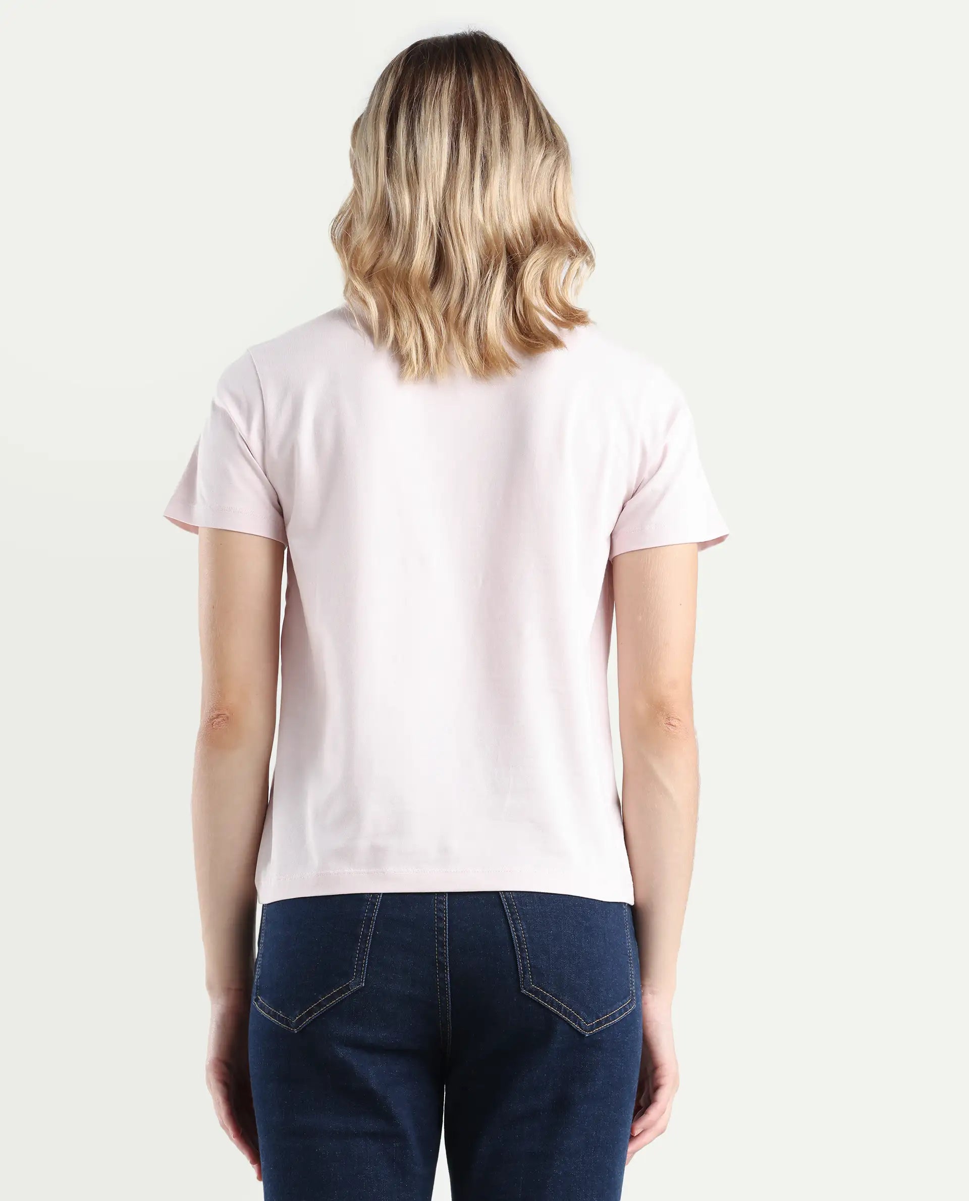 Rareism Women's Fila Pastel Pink Cotton Blend Crew Neck Graphic Print Regular Fit T-Shirt