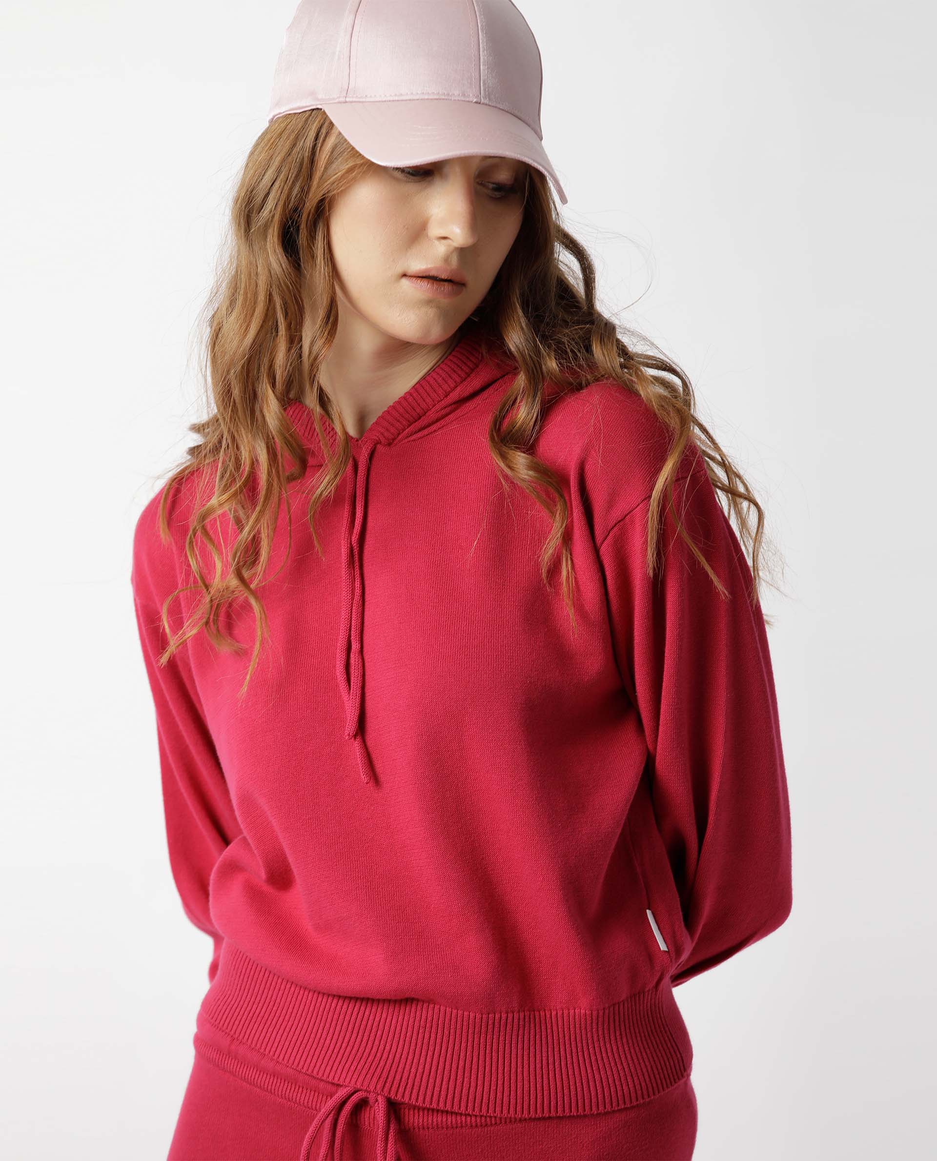 Rareism Women Finn Dark Pink Cotton Fabric Relaxed Fit Full Sleeves Solid Knee Length Hooded Track Suit
