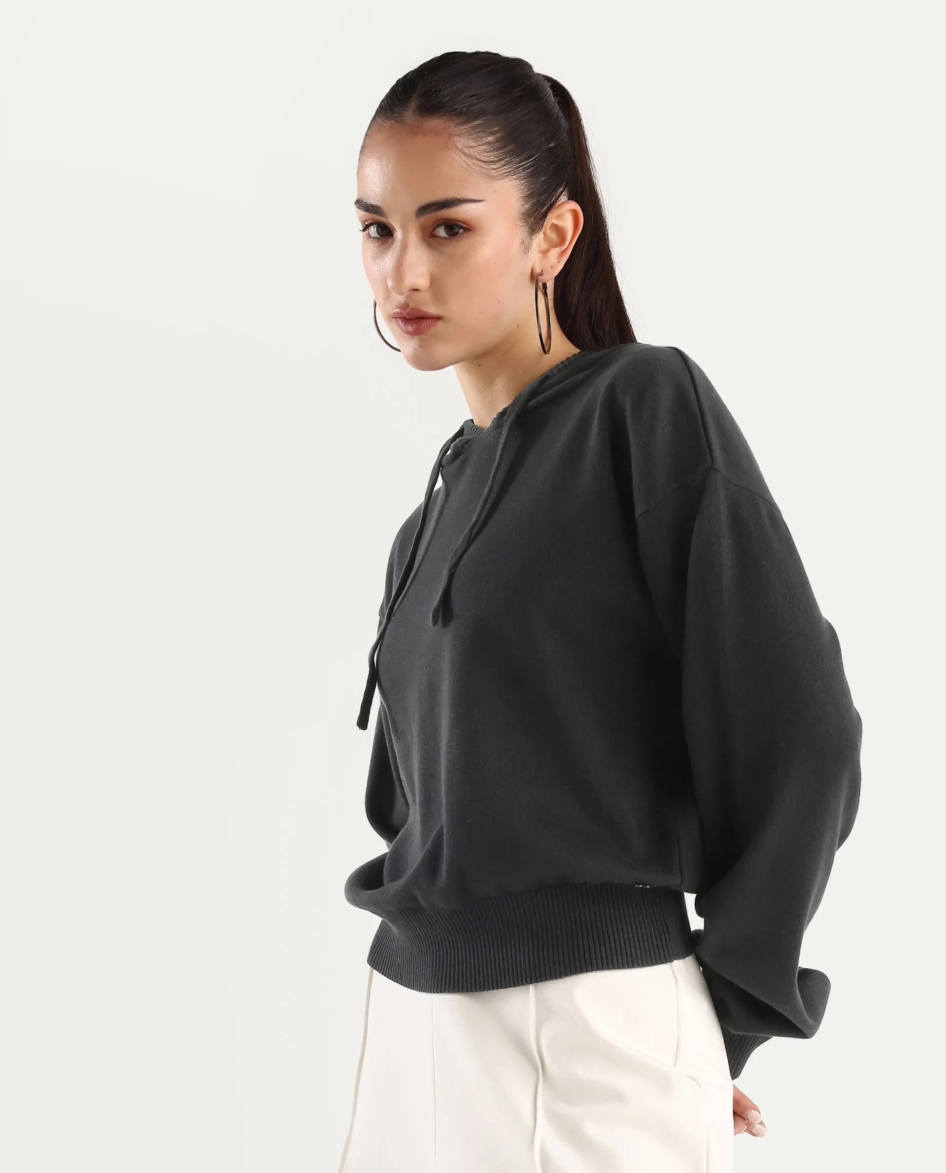 Rareism Women's Finnet T Black Knit Hooded Plain Relaxed Fit Sweater