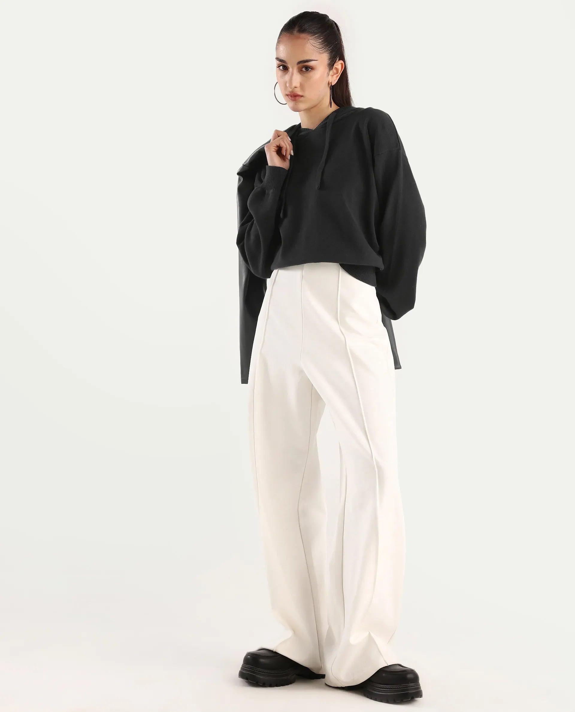 Rareism Women's Finnet T Black Knit Hooded Plain Relaxed Fit Sweater