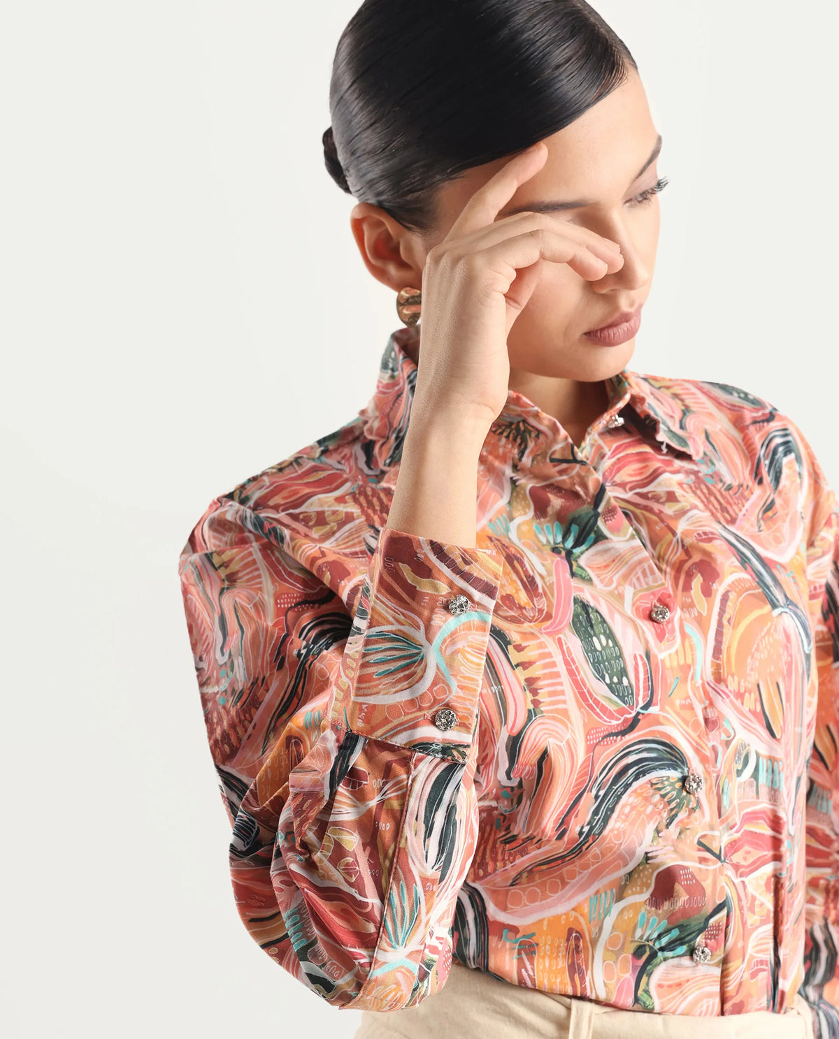 Rareism Women's Fitte Multi Cotton Drop Collar Abstract Print Cuffed Sleeve Regular Fit Shirt