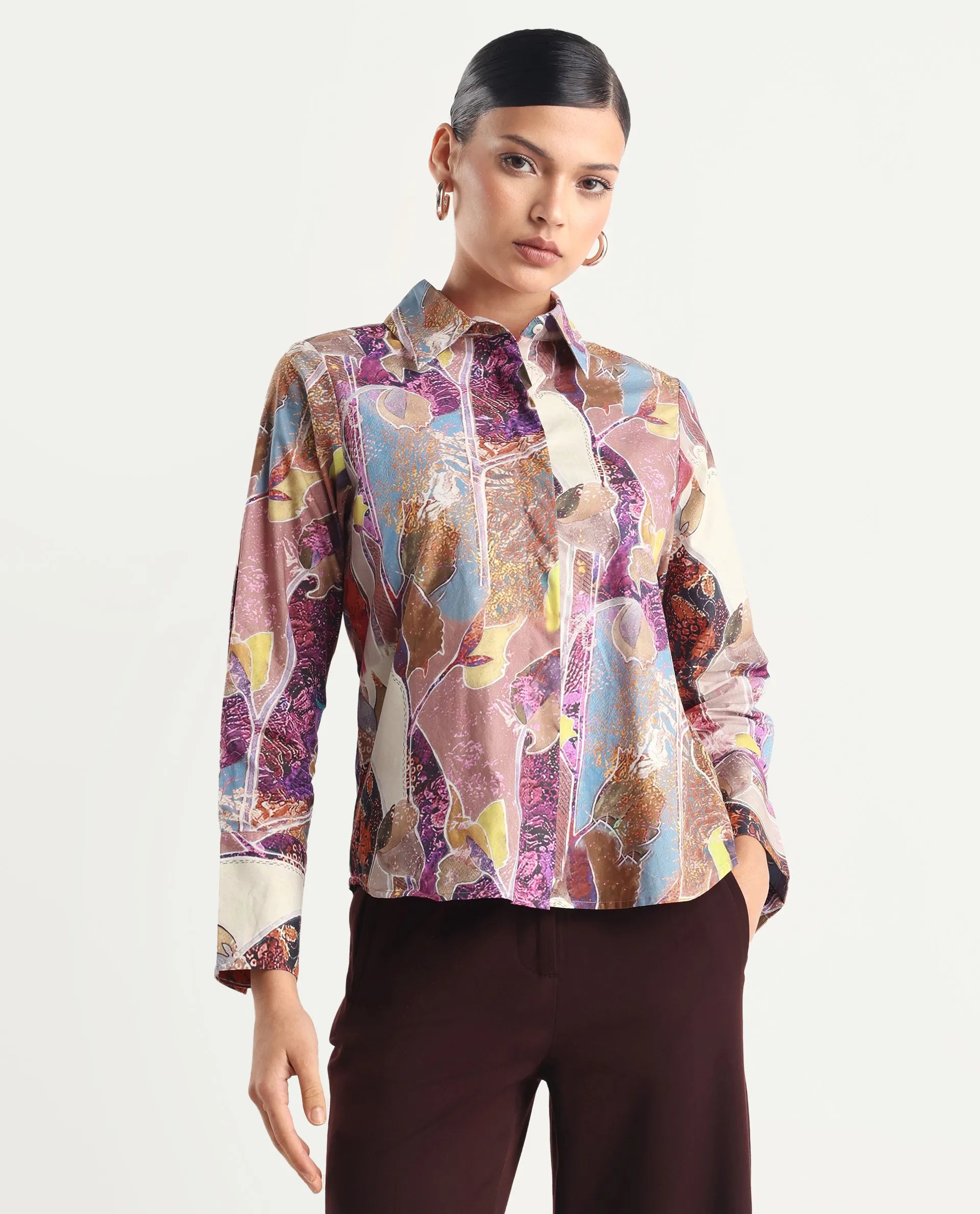 Rareism Women's Fittop Multi Cotton Spread Collar Abstract Print Cuffed Sleeve Regular Fit Top