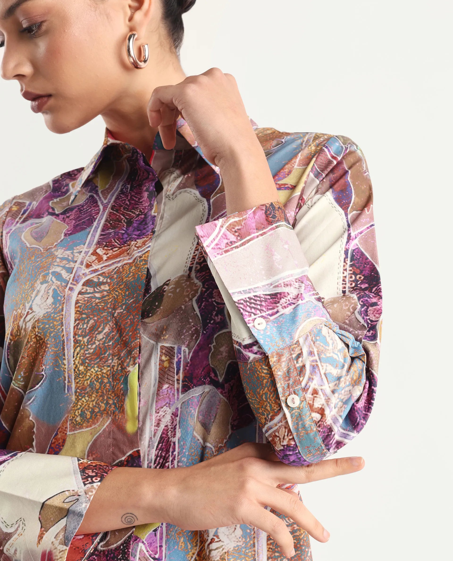 Rareism Women's Fittop Multi Cotton Spread Collar Abstract Print Cuffed Sleeve Regular Fit Top