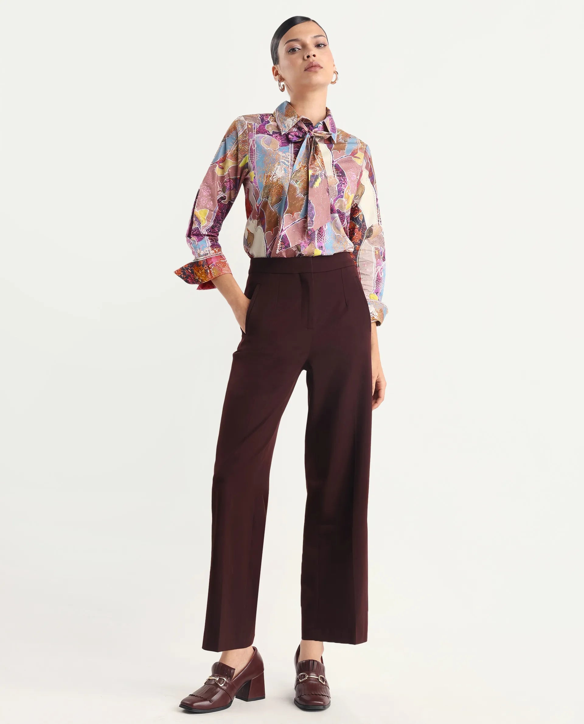 Rareism Women's Fittop Multi Cotton Spread Collar Abstract Print Cuffed Sleeve Regular Fit Top