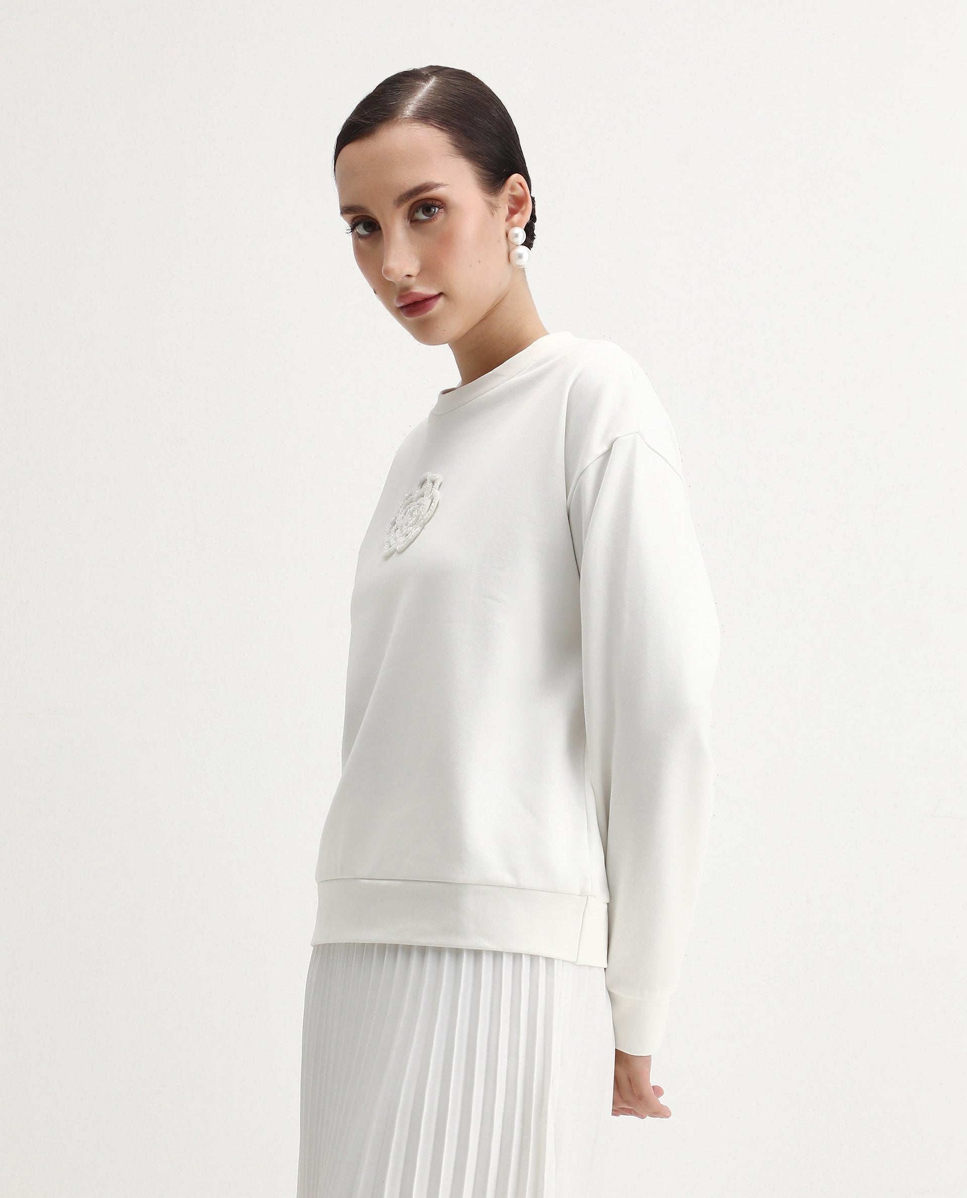 Rareism Women's Flaf Off White Cotton Blend Crew Neck Regular Fit Printed Sweatshirt