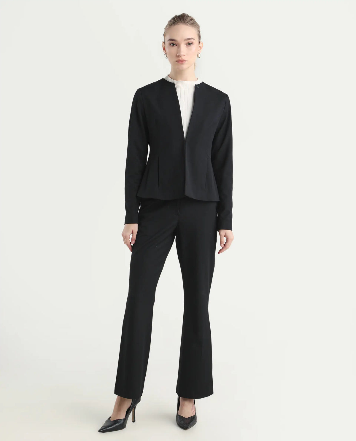 Rareism Women's Flare Black Polyester Blend Bootcut Ankle Length Plain Travel Trouser