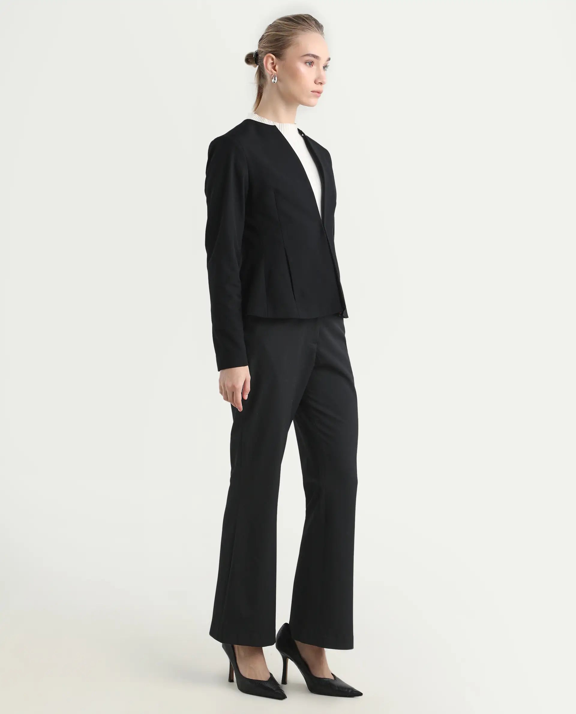 Rareism Women's Flare Black Polyester Blend Bootcut Ankle Length Plain Travel Trouser