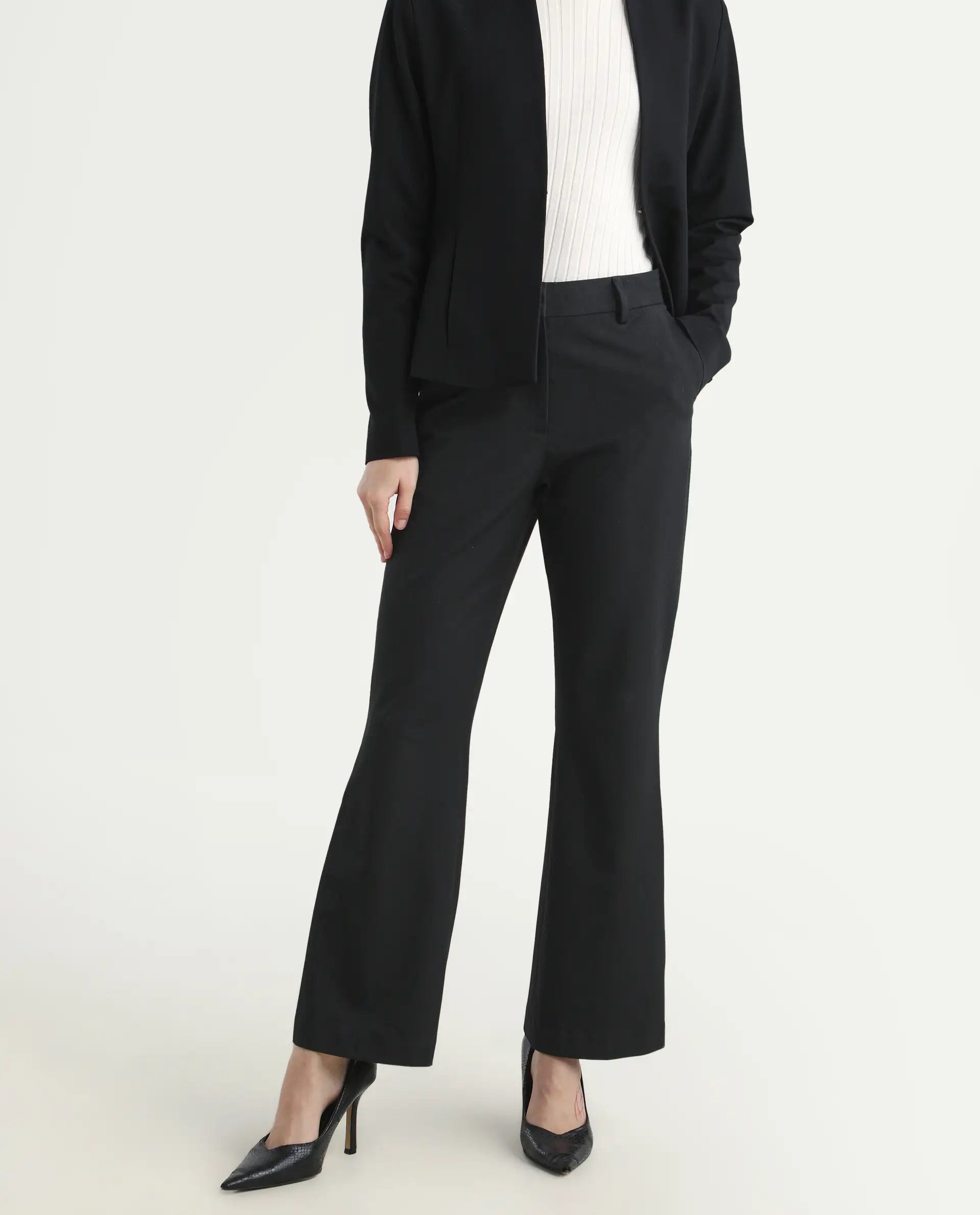 Rareism Women's Flare Black Polyester Blend Bootcut Ankle Length Plain Travel Trouser