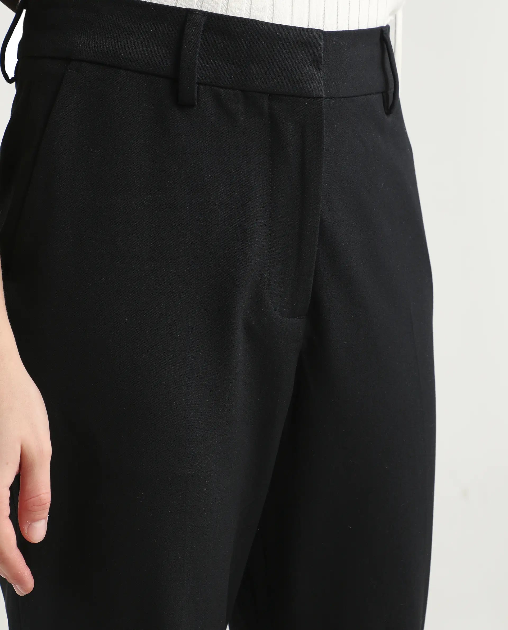 Rareism Women's Flare Black Polyester Blend Bootcut Ankle Length Plain Travel Trouser