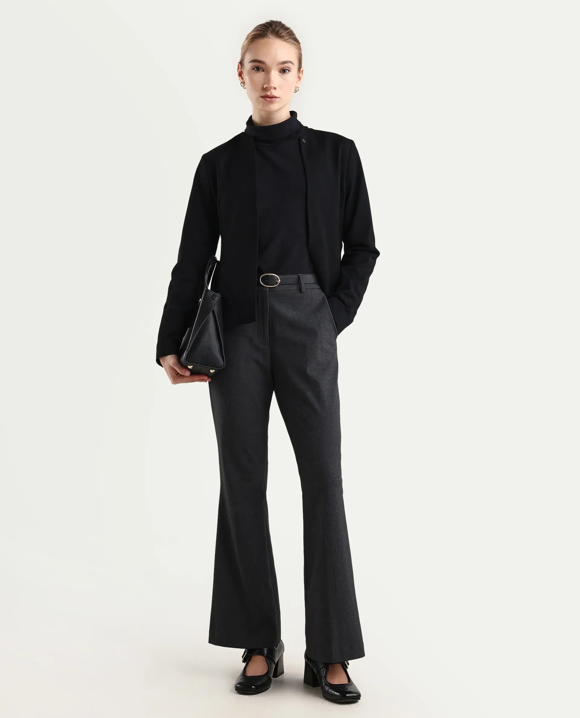 Rareism Women's Flare Grey Polyester Blend Bootcut Ankle Length Plain Travel Trouser