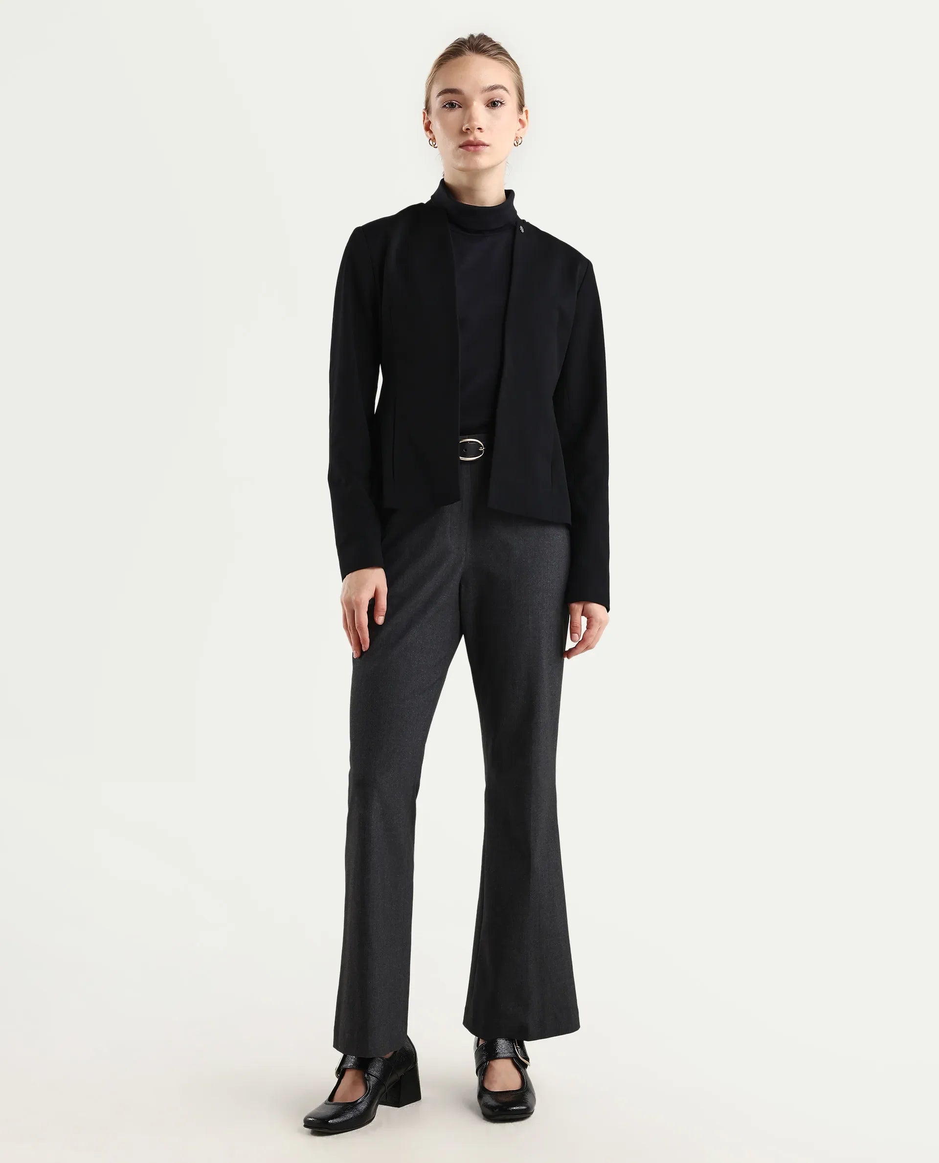 Rareism Women's Flare Grey Polyester Blend Bootcut Ankle Length Plain Travel Trouser