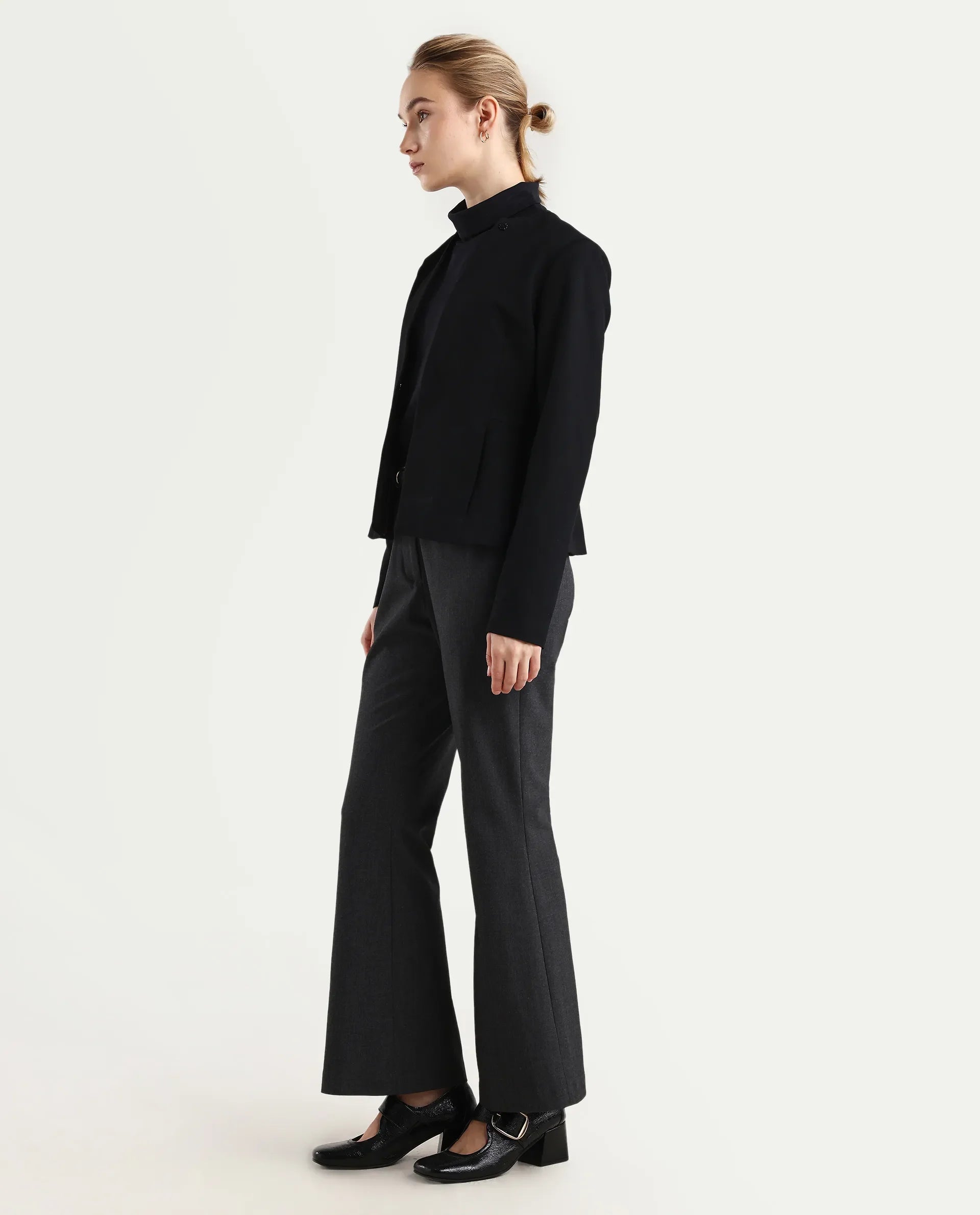 Rareism Women's Flare Grey Polyester Blend Bootcut Ankle Length Plain Travel Trouser