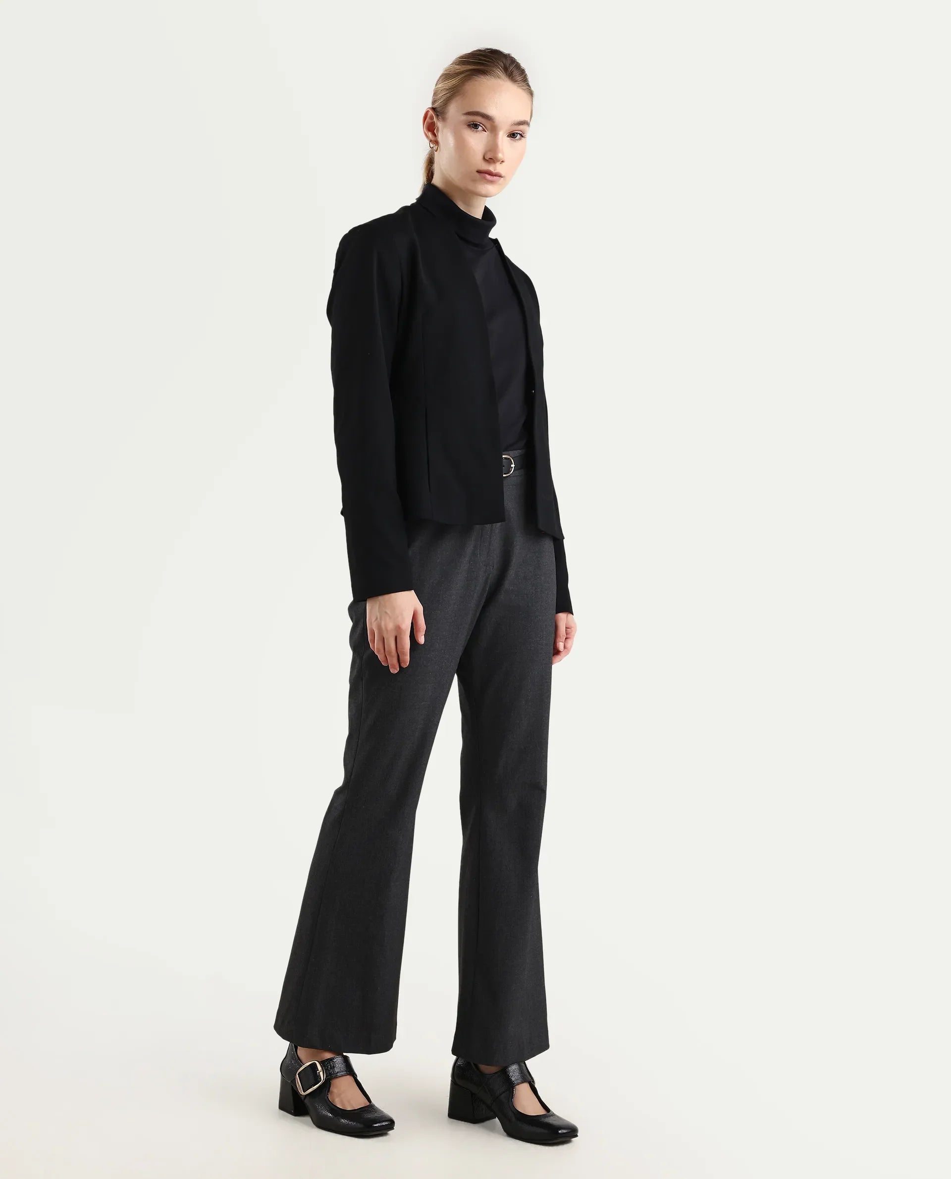 Rareism Women's Flare Grey Polyester Blend Bootcut Ankle Length Plain Travel Trouser