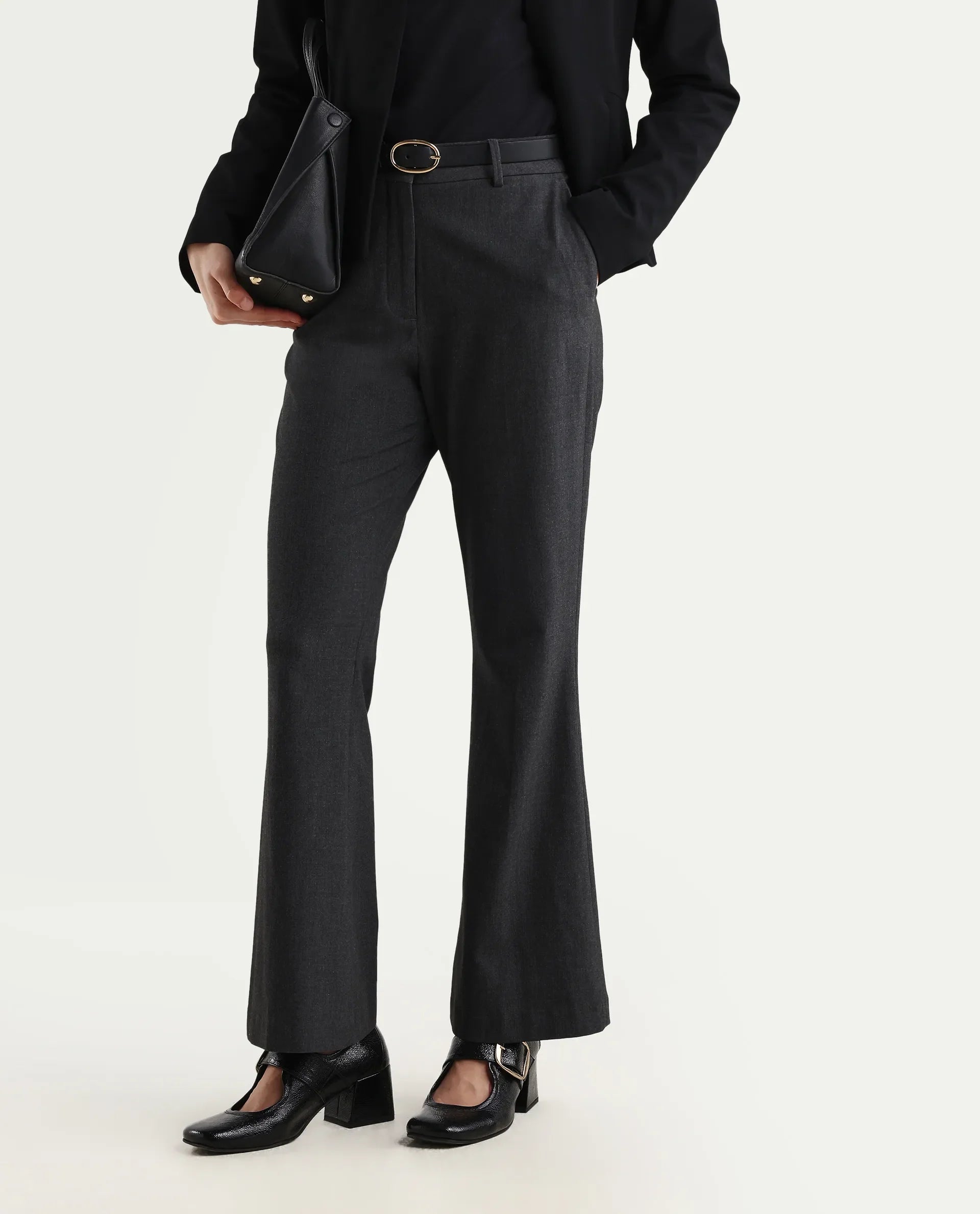 Rareism Women's Flare Grey Polyester Blend Bootcut Ankle Length Plain Travel Trouser