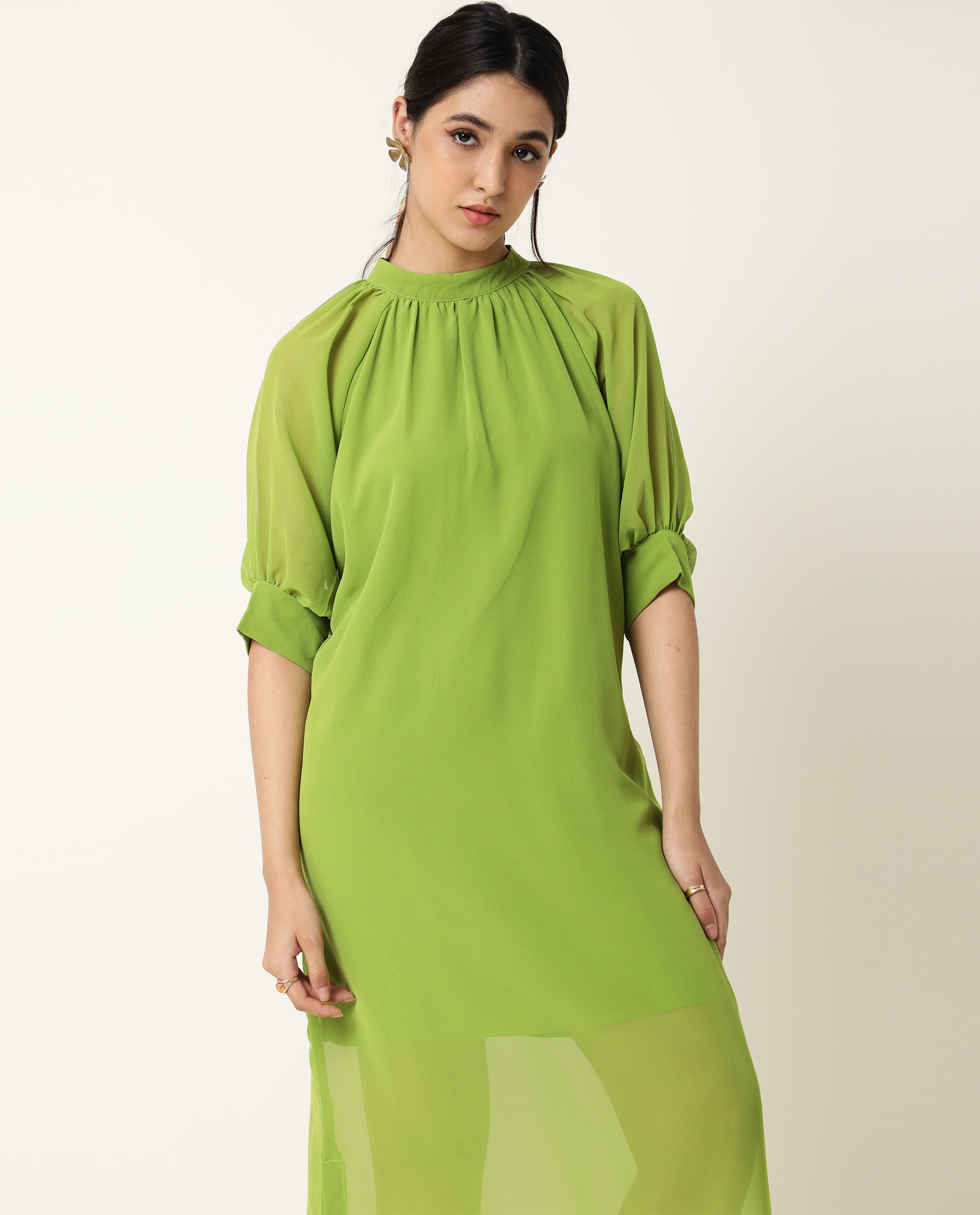Rareism Women's Frag Green High Neck Plain Knee Length Regular Fit Dress
