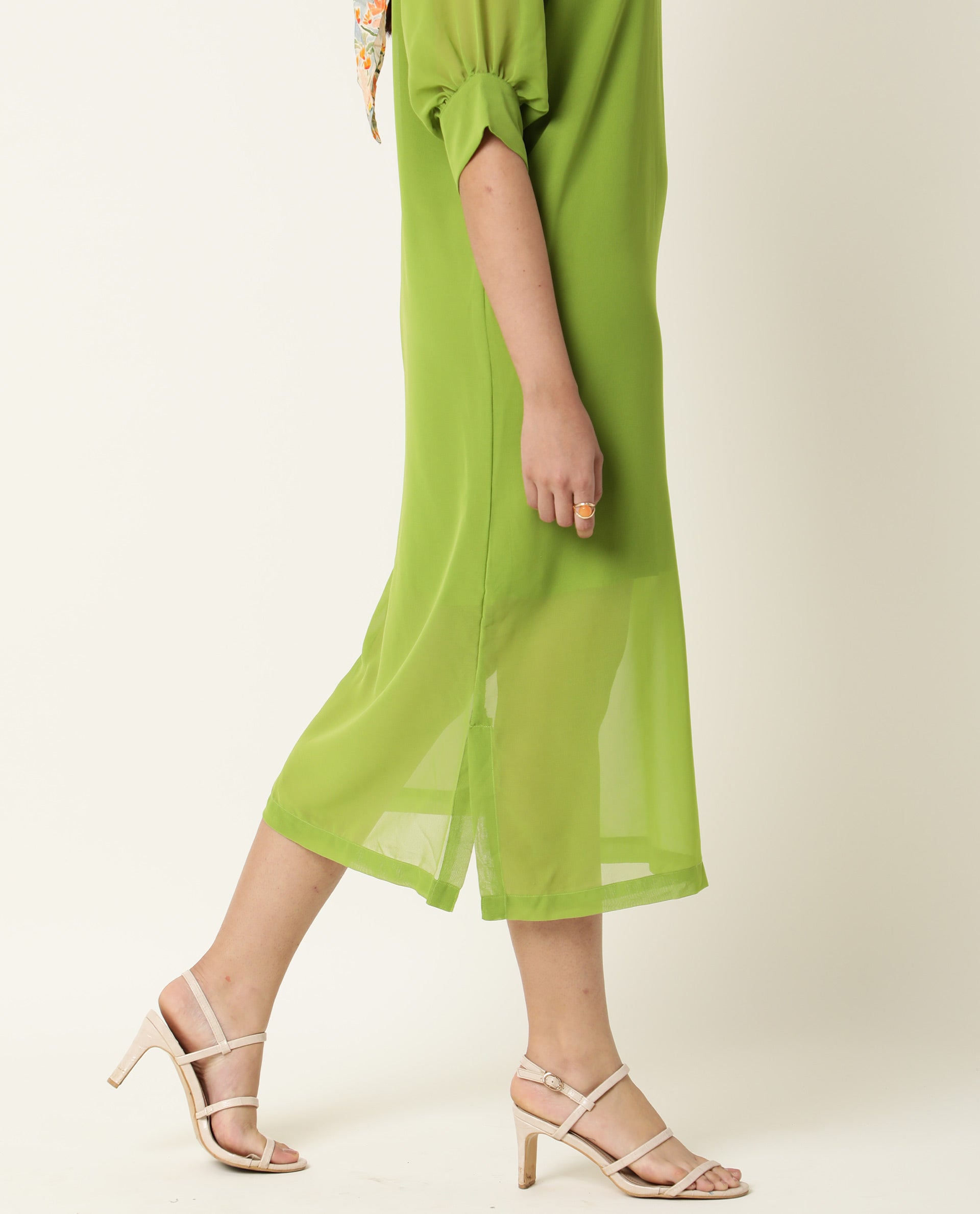 Rareism Women Frag Green High Collared Neck With Gathers Short Sleeves With Cuff Back Button Closure Midi Dress