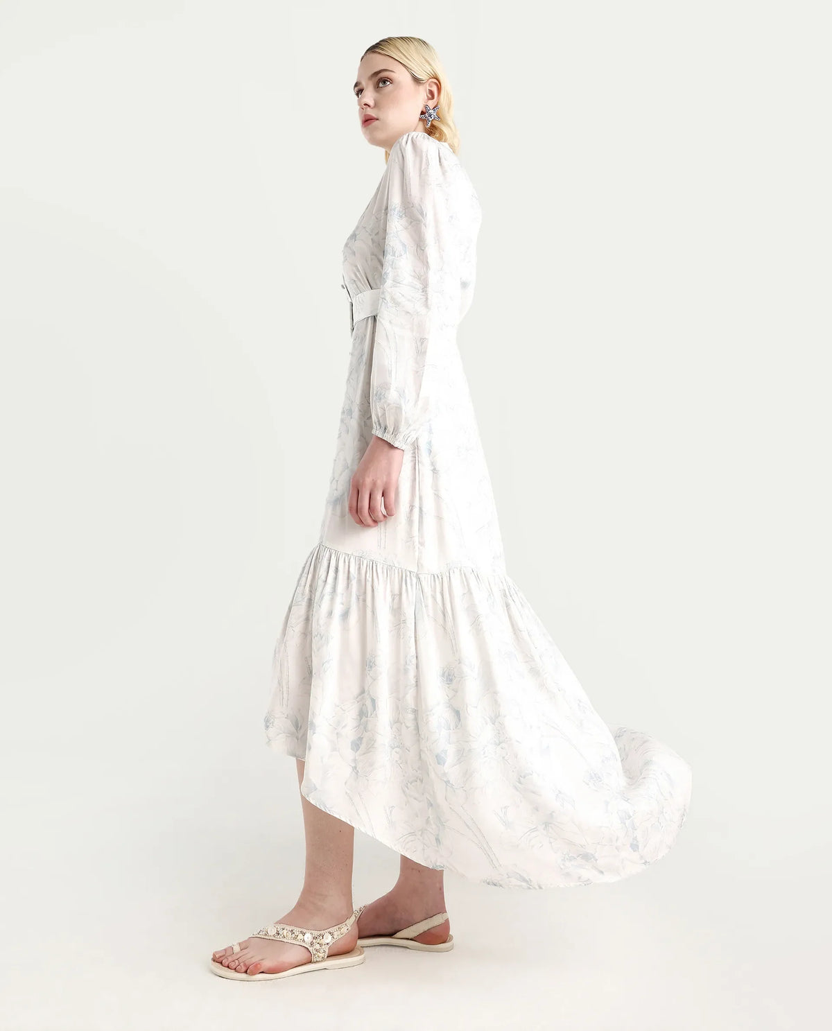 Rareism Women's Freno Off White Cotton Blend V-Neck Floral Print Maxi Straight Fit Dress