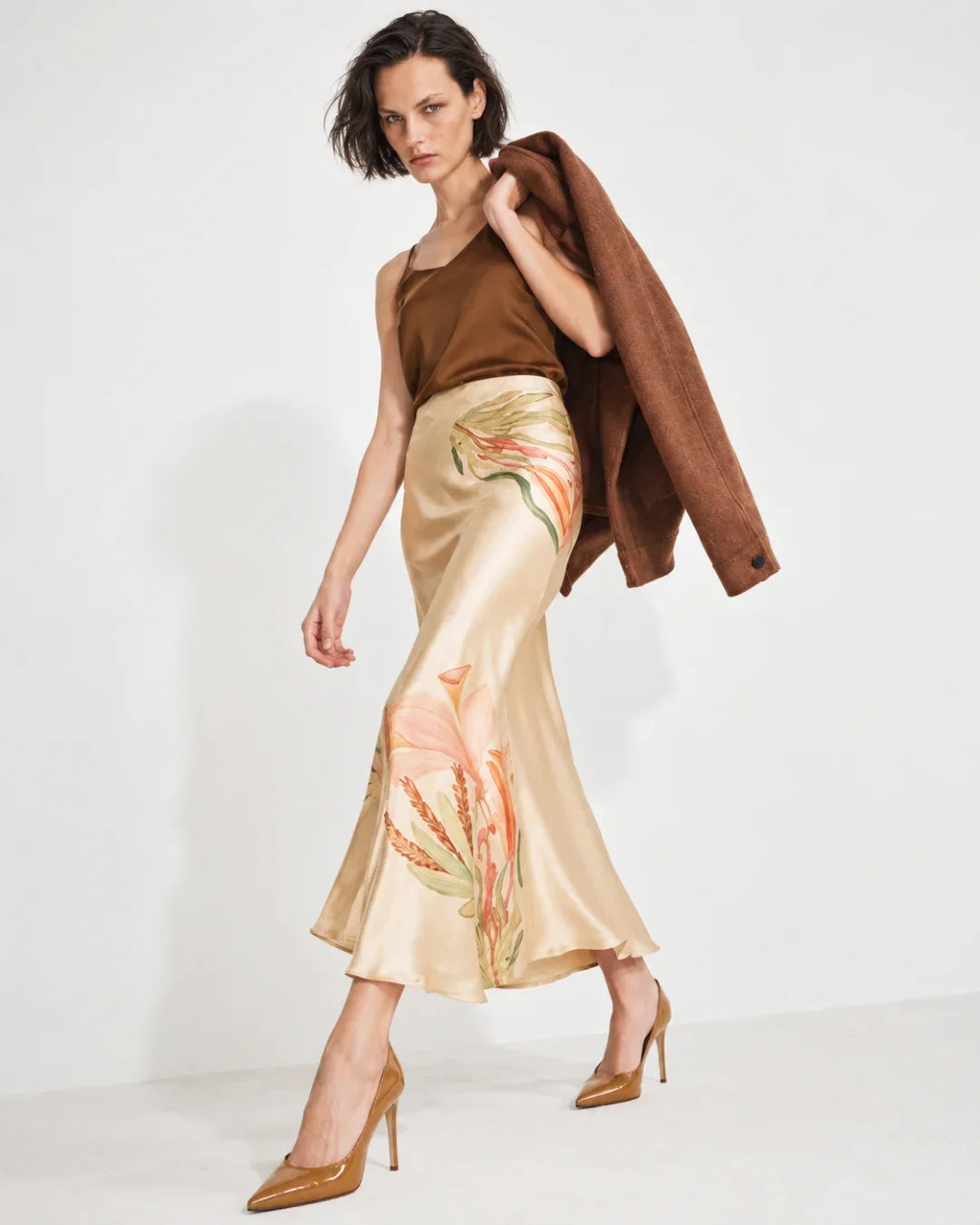 Rareism Women's Gale-B Beige Polyester Elastic Flared Printed Skirt