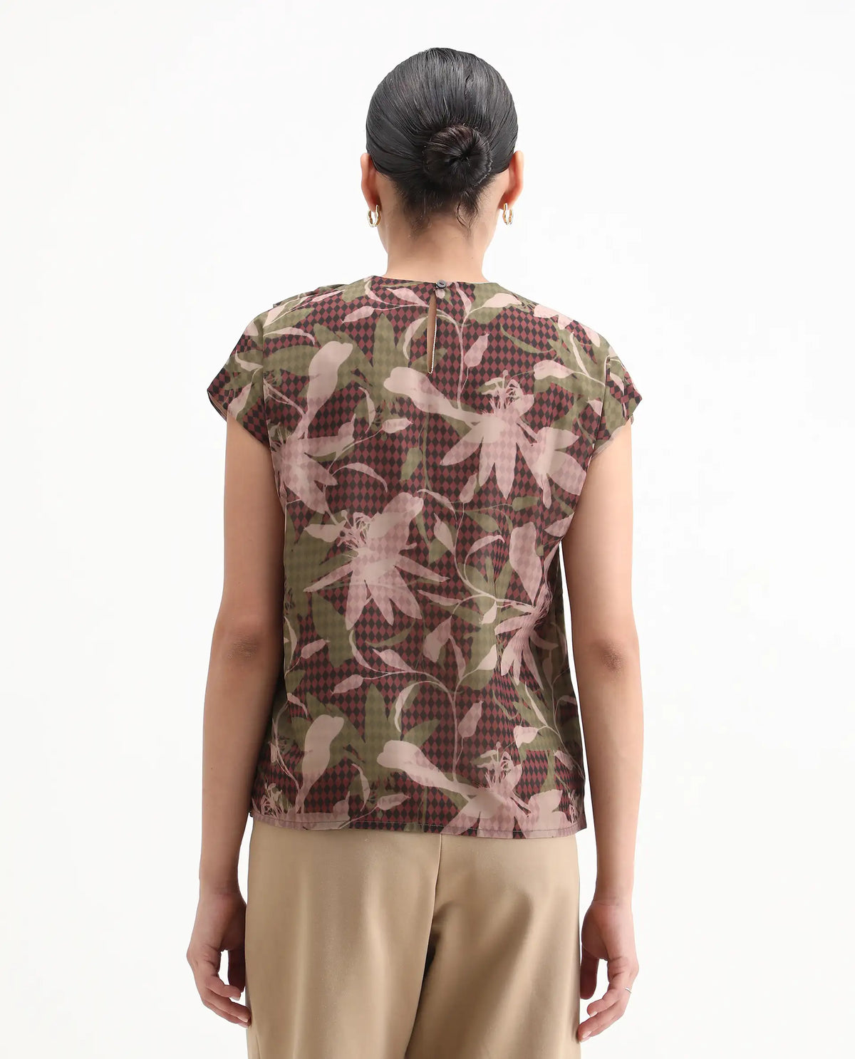 Rareism Women's Ginga Multi Polyester Crew Neck Leaf Print Extended Sleeves Regular Fit Top