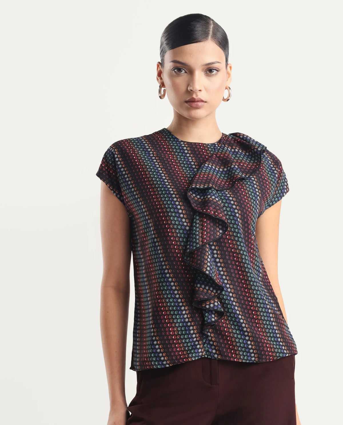 Rareism Women's Gingan Dark Multi Polyester Crew Neck Geometric Print Extended Sleeves Regular Fit Top