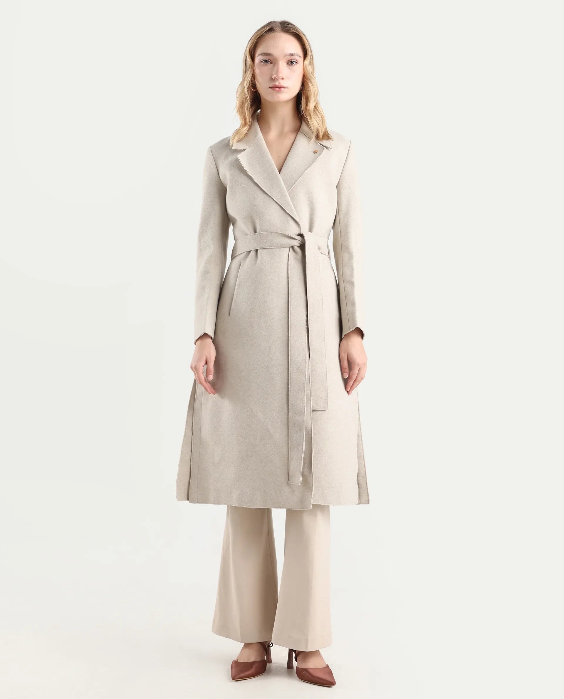 Rareism Women's Gisbory Off White Polyester Blend Lapel Collar Coat Plain Coat