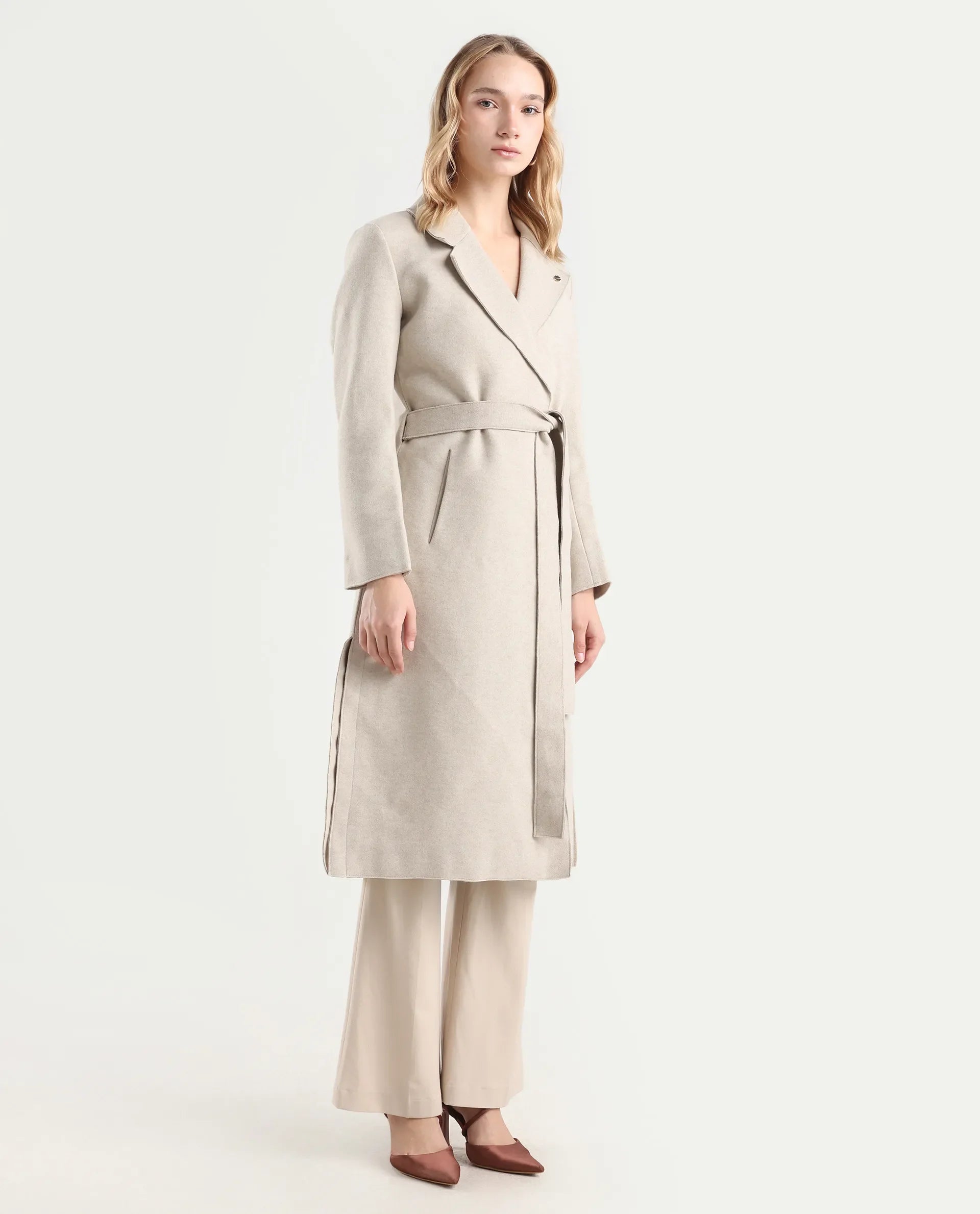 Rareism Women's Gisbory Off White Polyester Blend Lapel Collar Coat Plain Coat