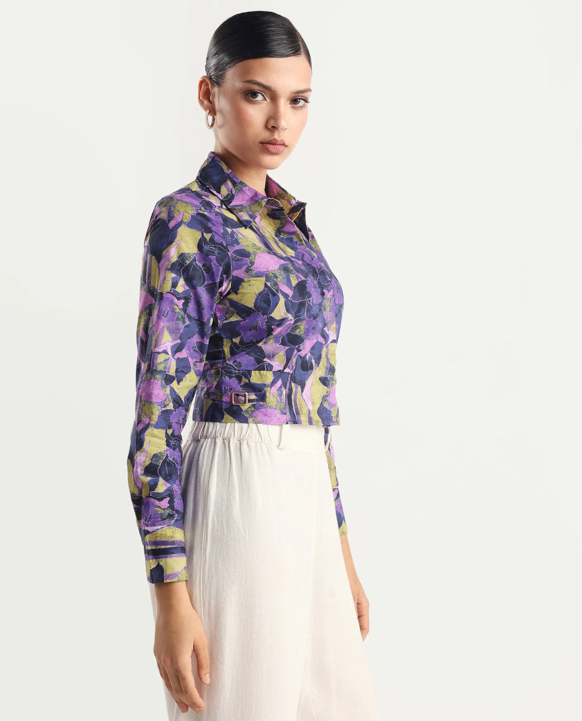 Rareism Women's Gistero Multi Cotton Spread Collar Abstract Print Cuffed Sleeve Crop Regular Fit Top
