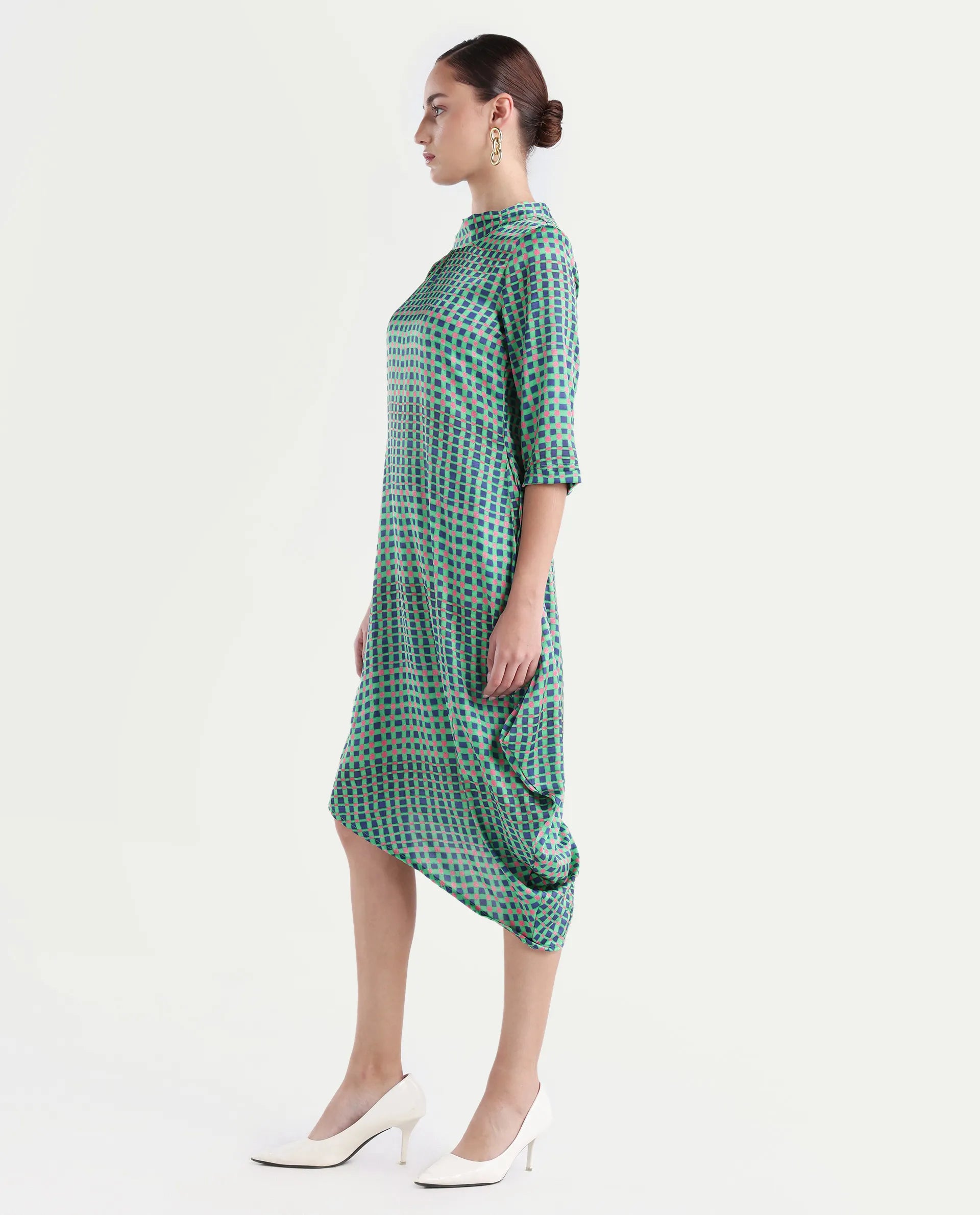 Rareism Women's Gleam Green Polyester High Neck Geometric Print Knee Length Regular Fit Dress
