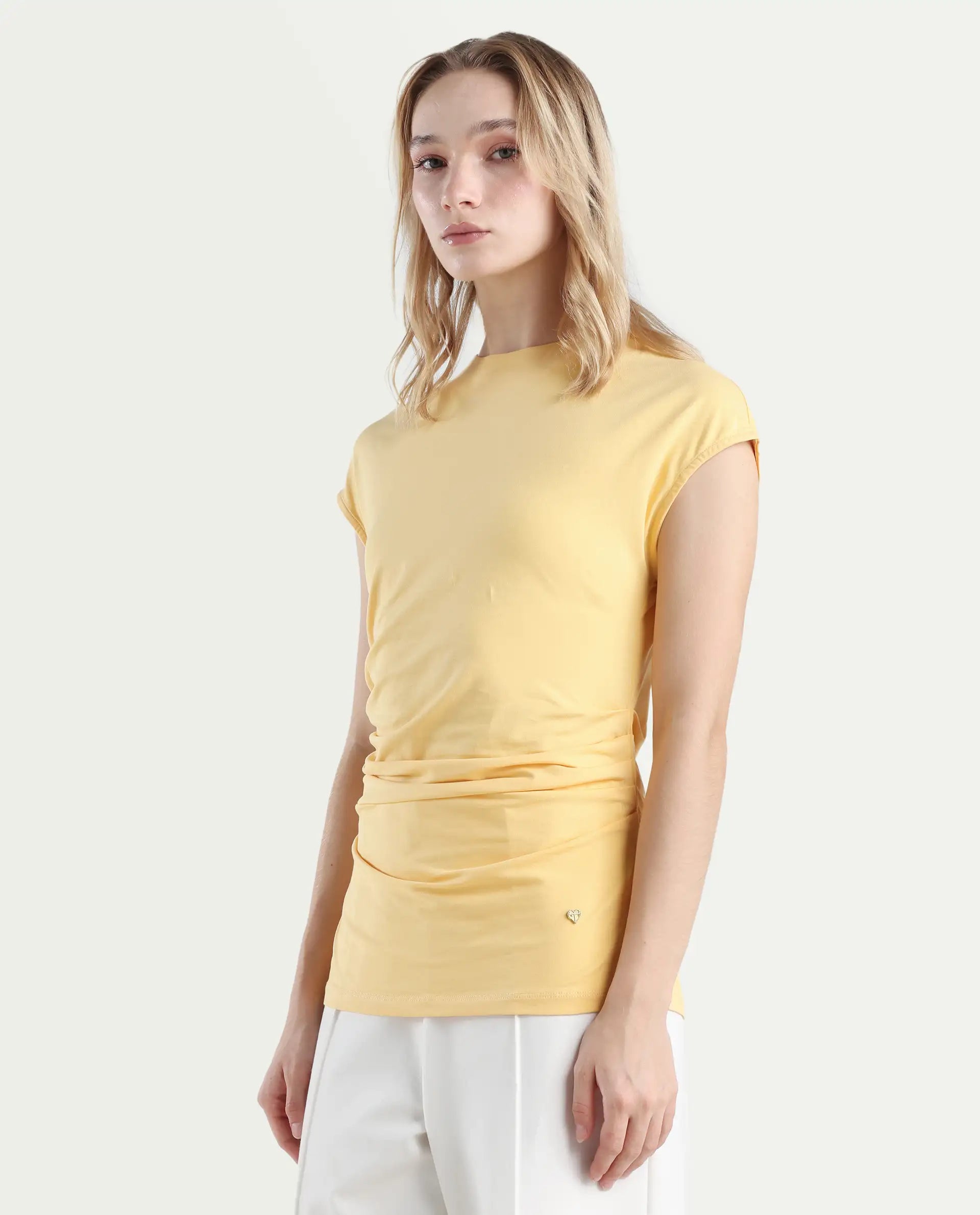 Rareism Women's Granden Light Yellow Cotton Crew Neck Plain Extended Sleeves Regular Fit Top