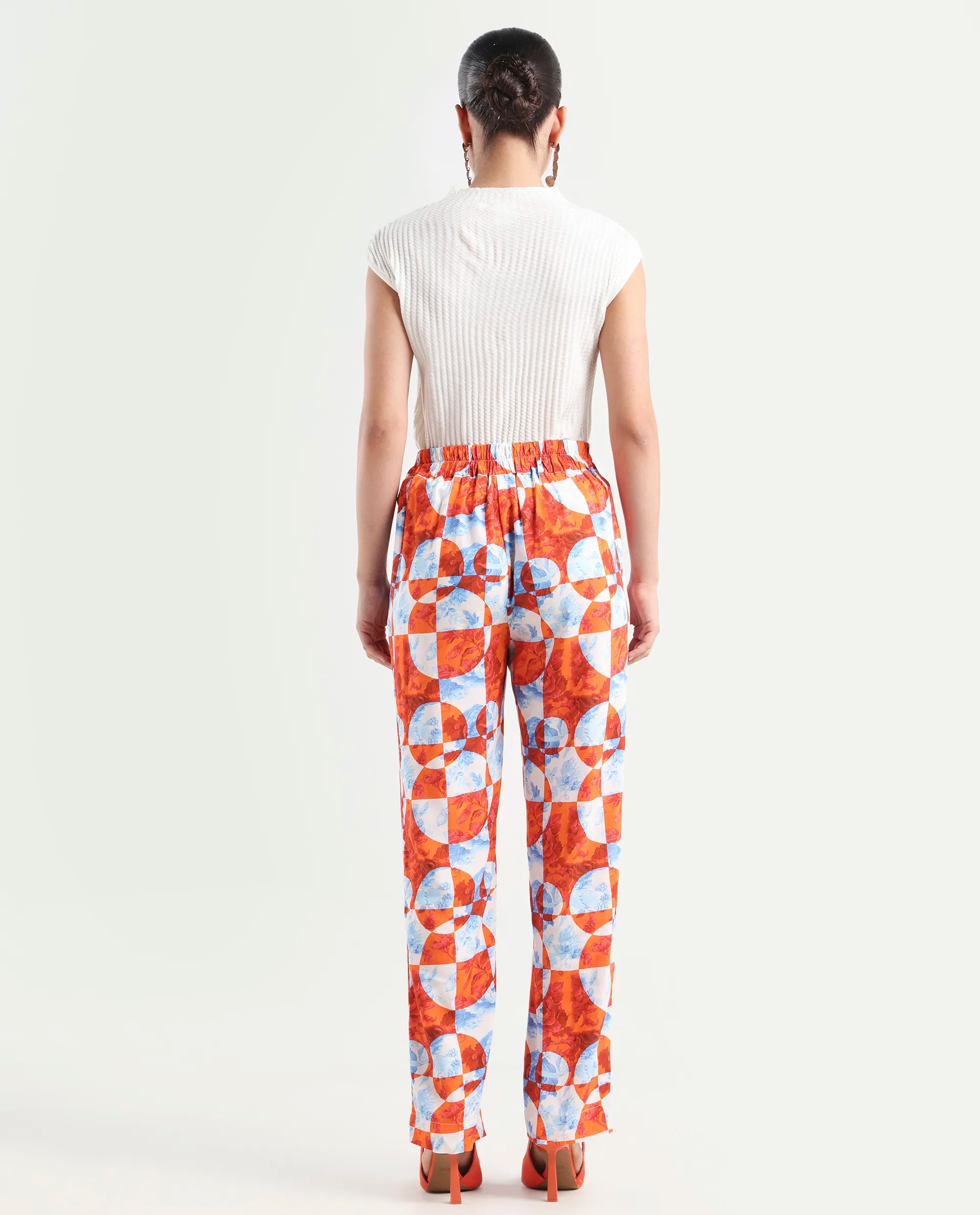 Rareism Women's Gray Orange Viscose Floral Print Ankle Length Regular Fit Trouser