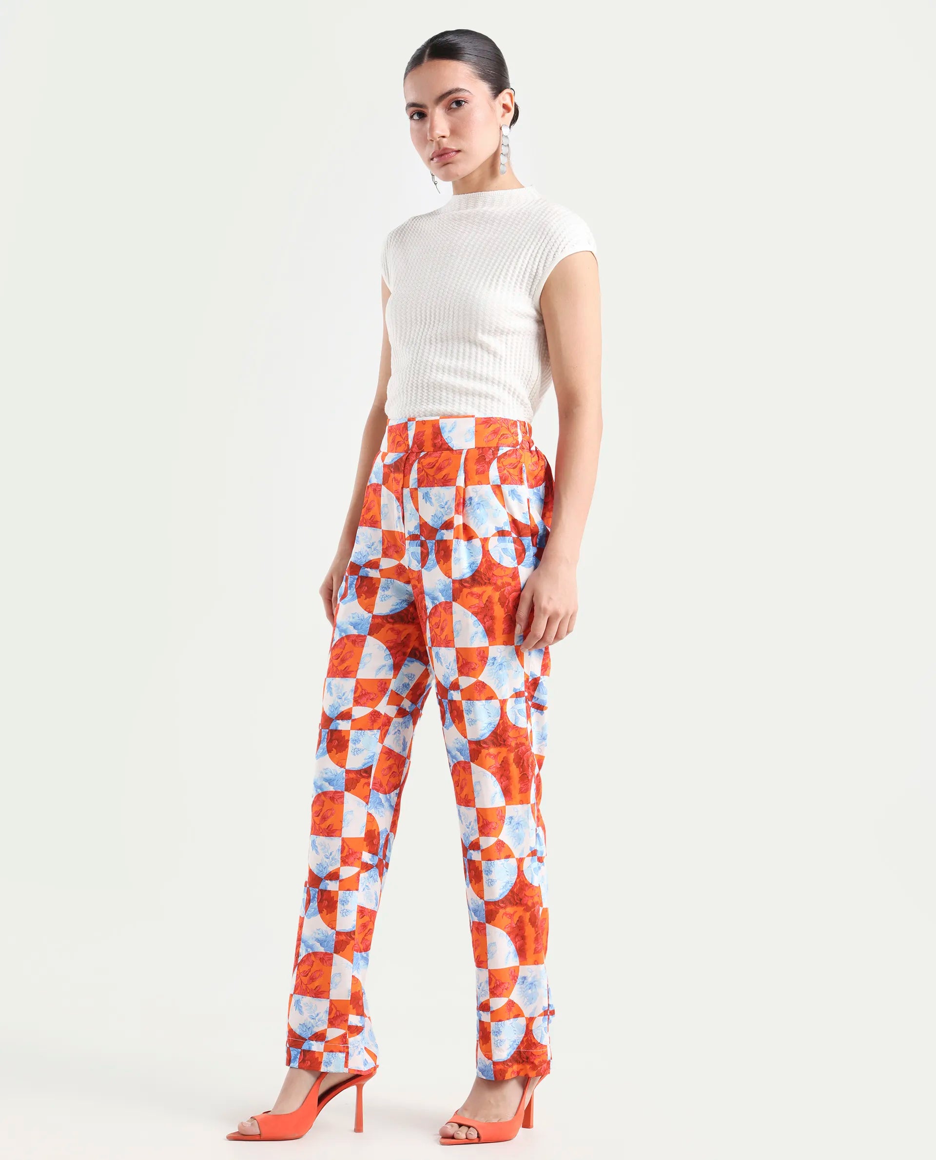 Rareism Women's Gray Orange Viscose Floral Print Ankle Length Regular Fit Trouser
