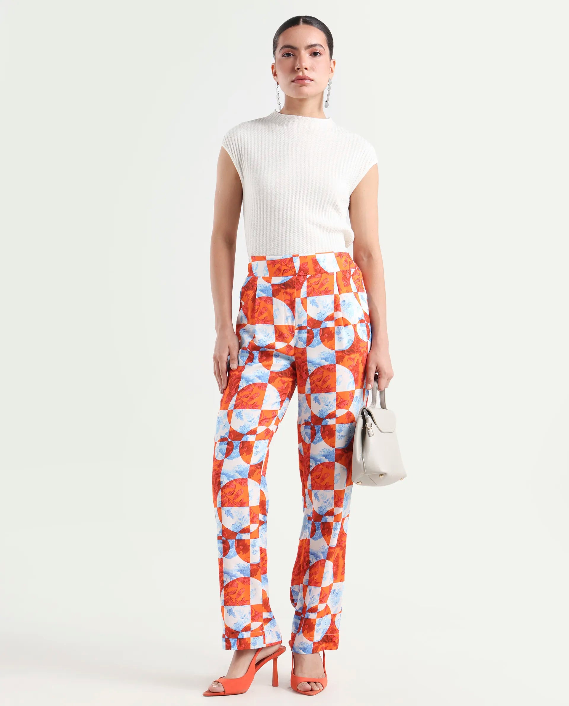 Rareism Women's Gray Orange Viscose Floral Print Ankle Length Regular Fit Trouser