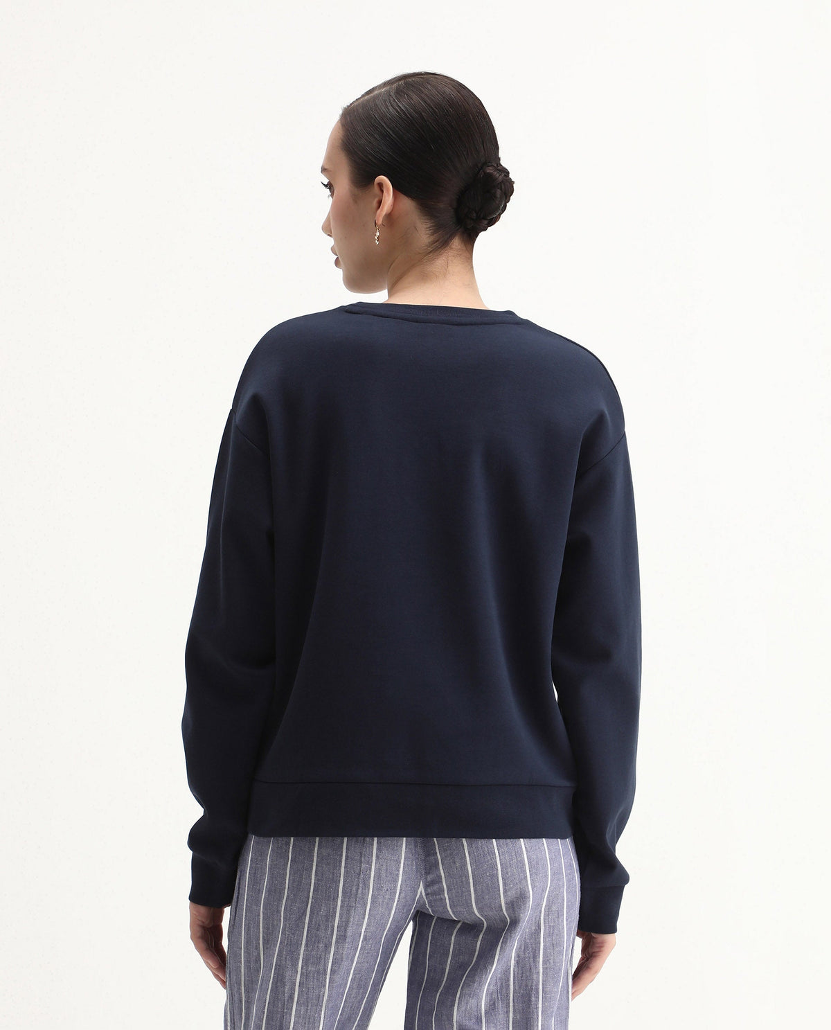 Rareism Women's Greta Navy Cotton Blend Crew Neck Regular Fit Printed Sweatshirt
