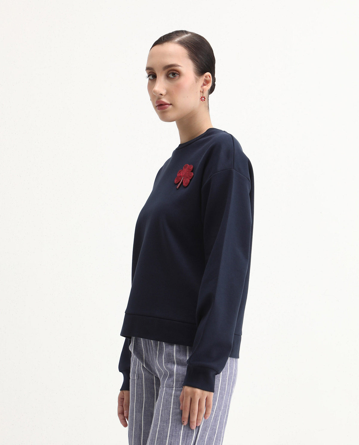 Rareism Women's Greta Navy Cotton Blend Crew Neck Regular Fit Printed Sweatshirt