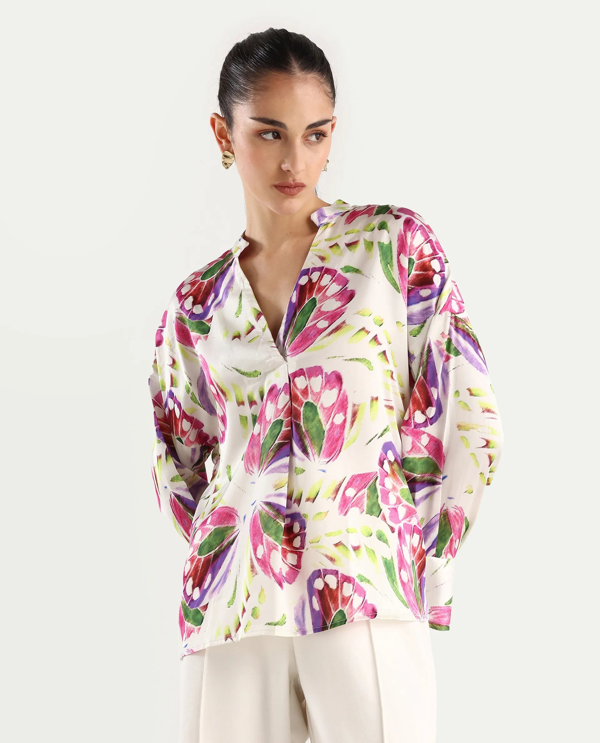 Rareism Women's Gunay Multi Polyester Polyester V-Neck Abstract Print Cuffed Sleeve Regular Fit Top