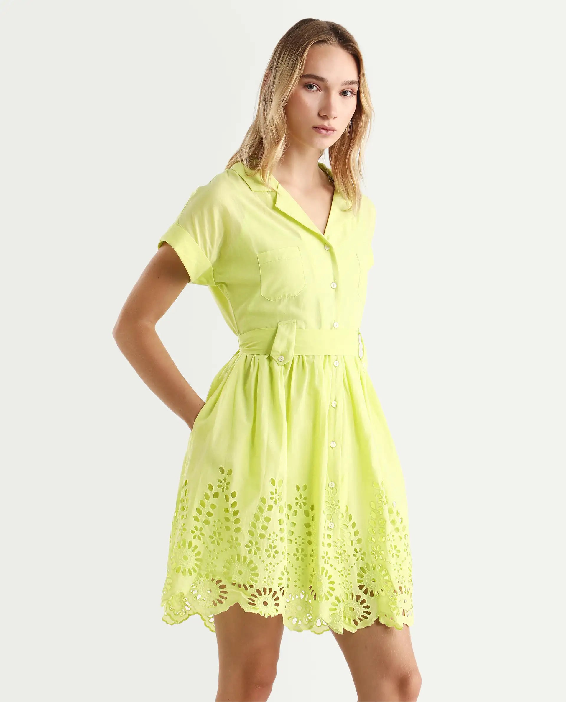 Rareism Women's Gunthaar Light Green Cotton Lapel Neck Schiffli Extended Sleeves Mini Flared Dress