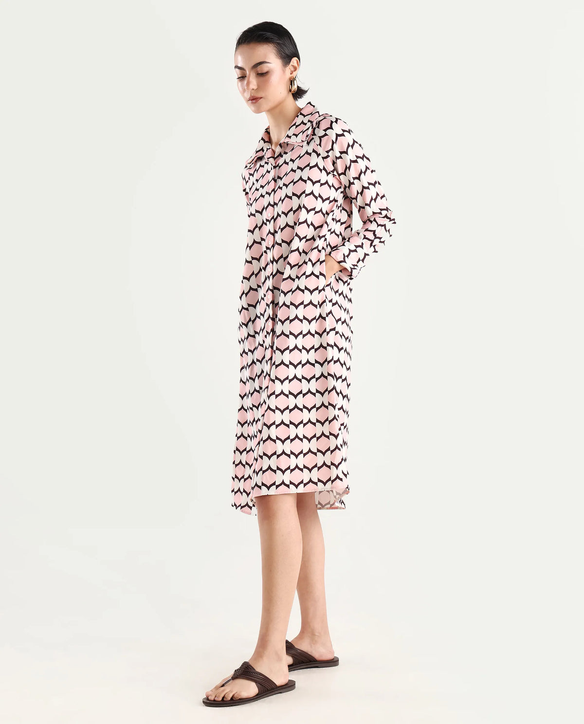 Rareism Women's Gyumri Light Multi Twill Spread Collar Geometric Print Raglan Sleeve Midi A-Line Dress