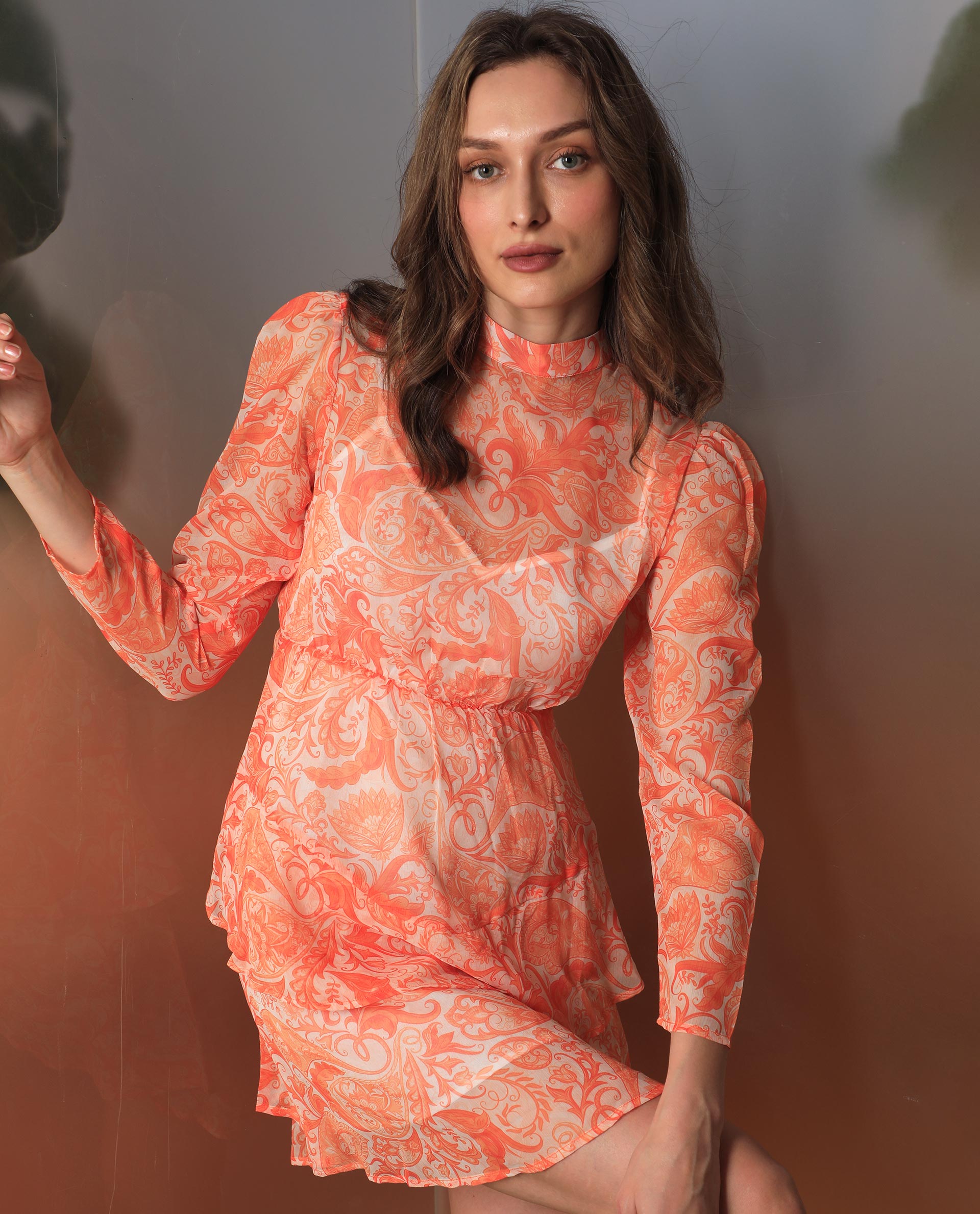 Rareism Women's Claris Orange Cotton High Neck Paisley Print Knee Length Regular Fit Dress