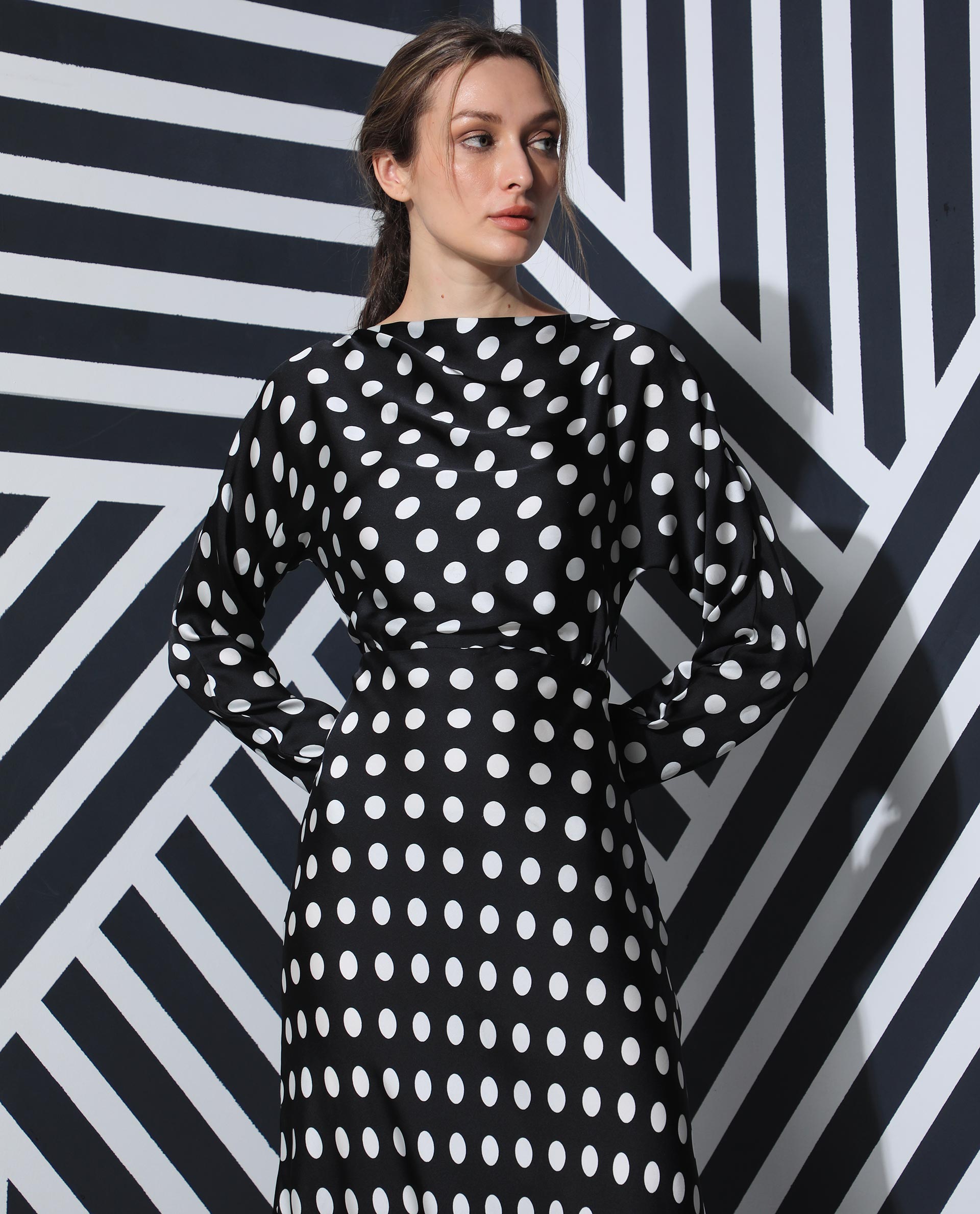 Rareism Women Alsus Black Polka Print Boat Neck Full Sleeves Maxi Dress