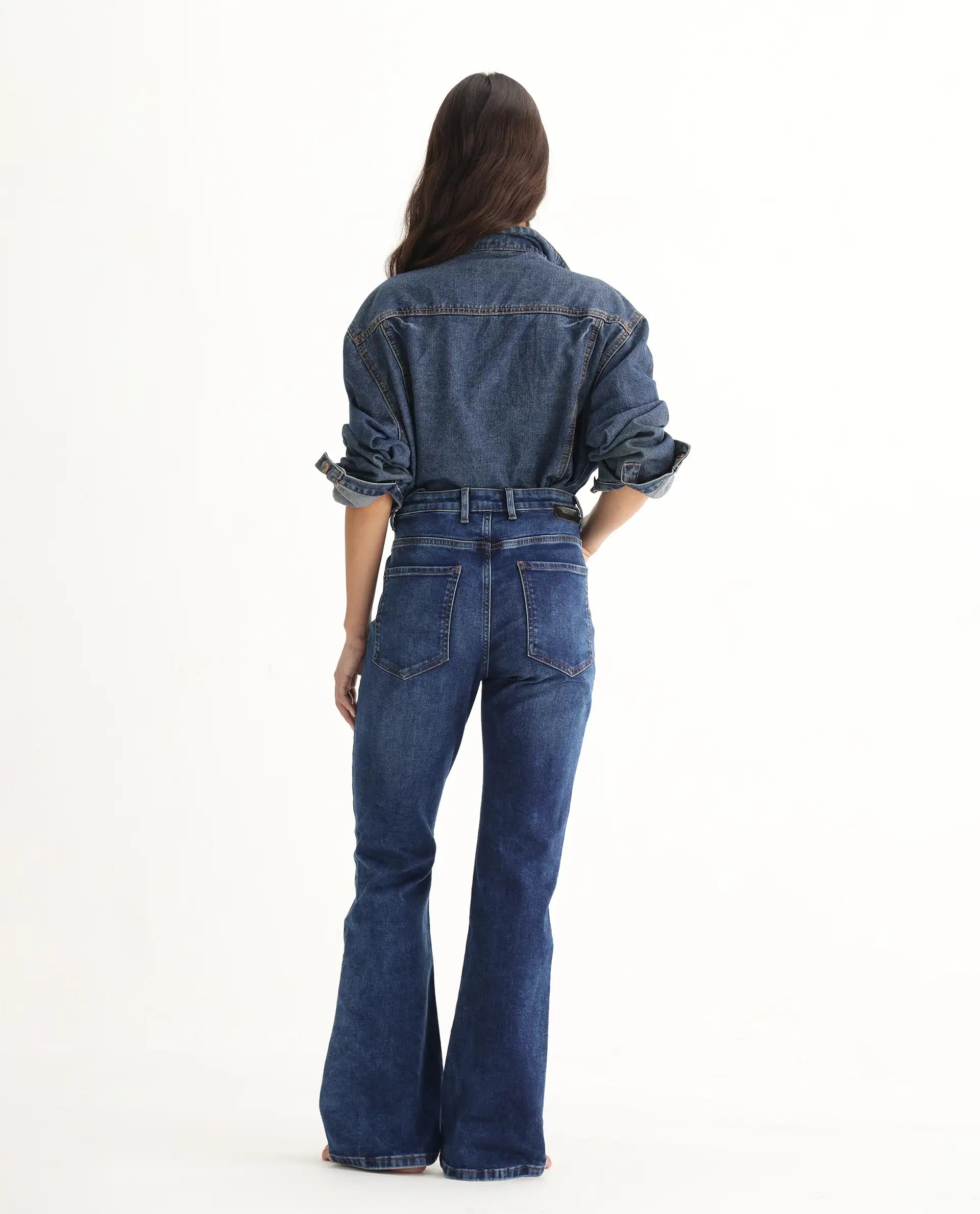 Rareism Women's Hadley Blue Cotton Blend Plain Ankle Length Iconic Bootcut Jeans