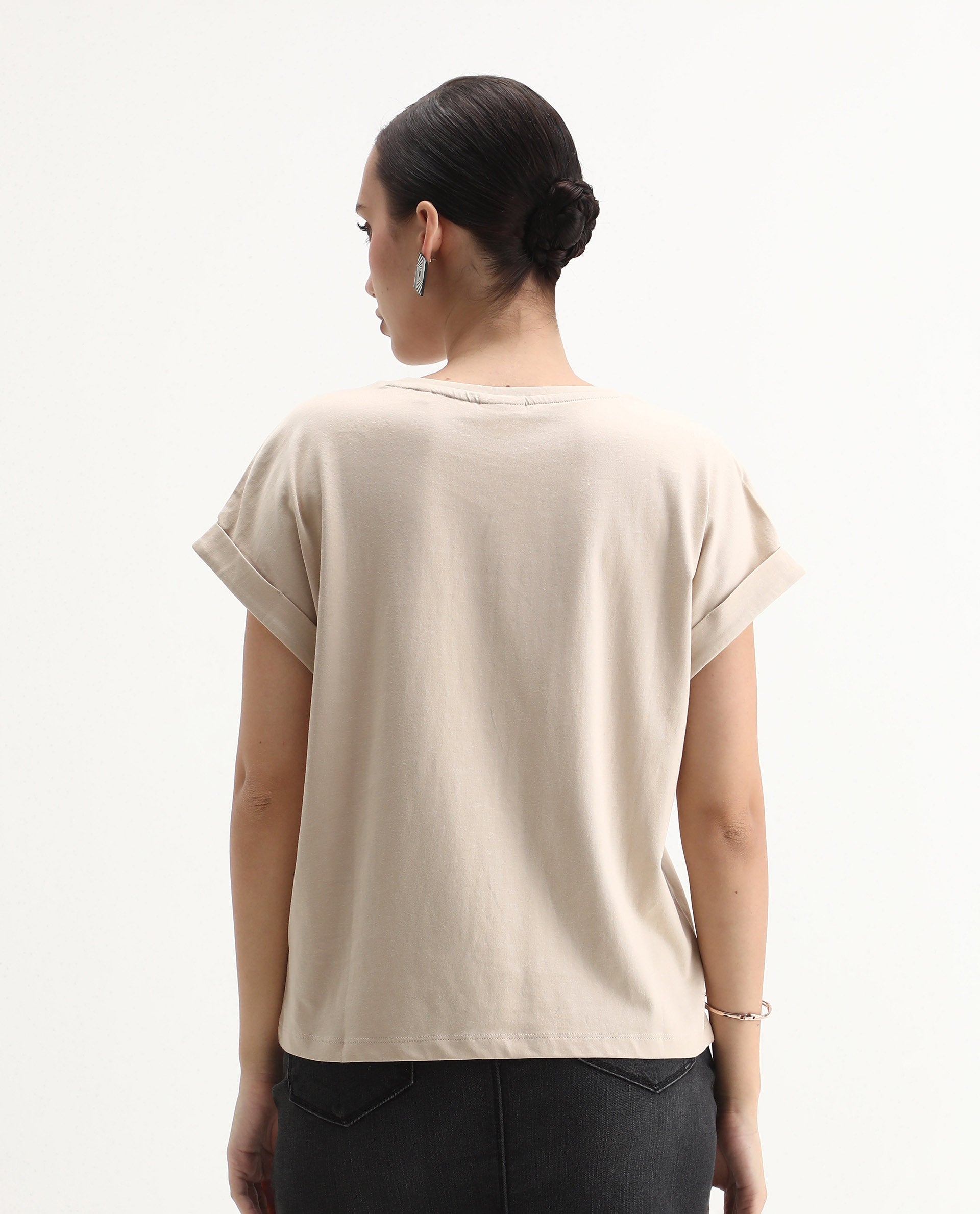 Rareism Women's Hamo Beige Cotton Crew Neck Relaxed Fit T-Shirt