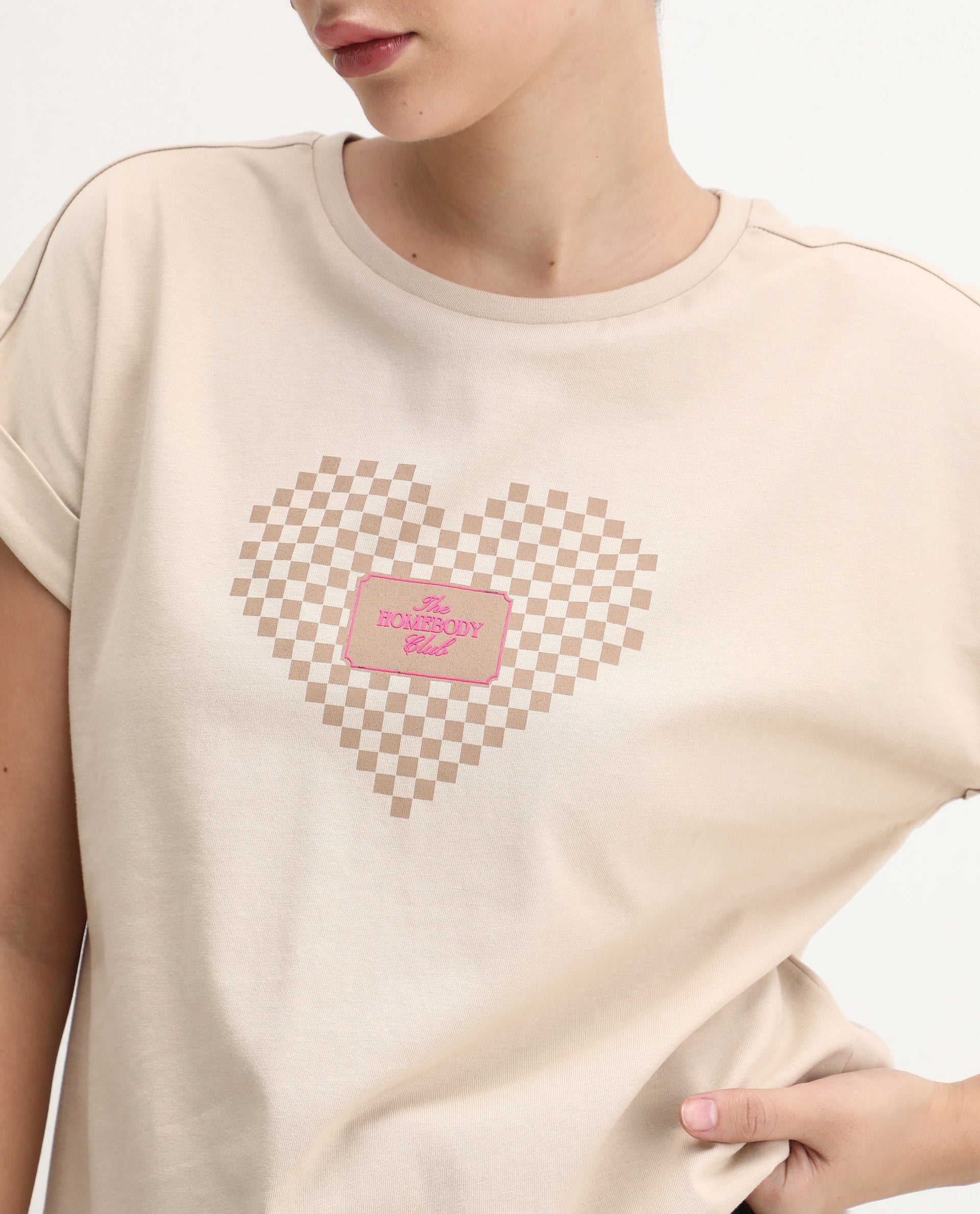 Rareism Women's Hamo Beige Cotton Crew Neck Relaxed Fit T-Shirt